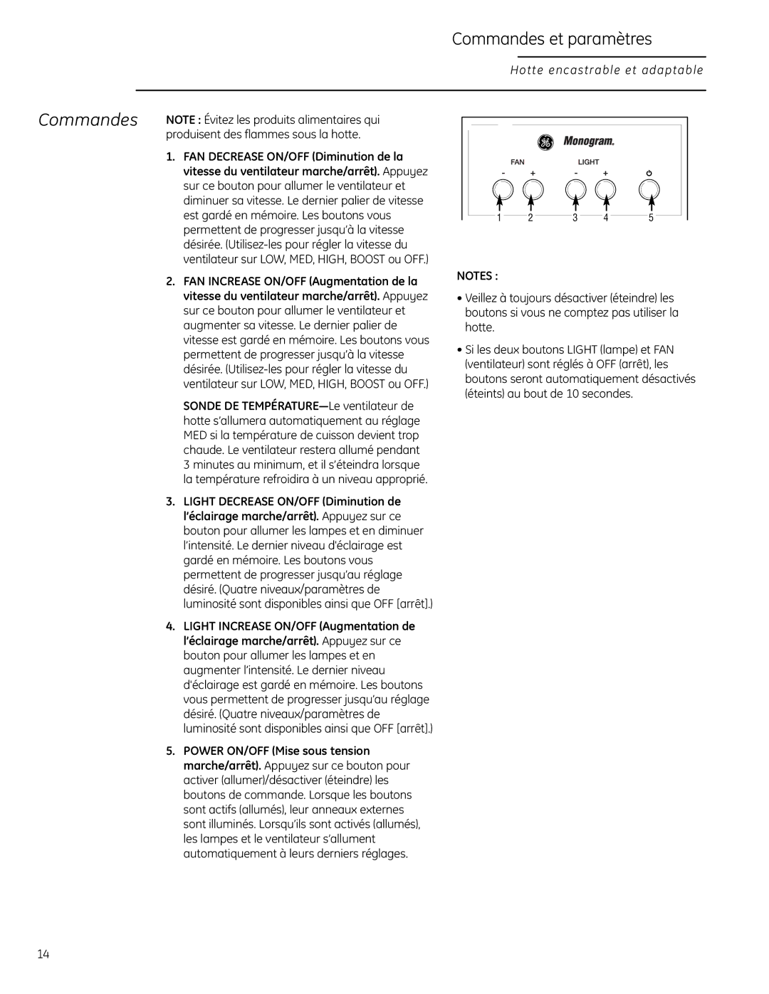 GE ZVC48LSS, 49-80565 owner manual Commandes et paramètres 