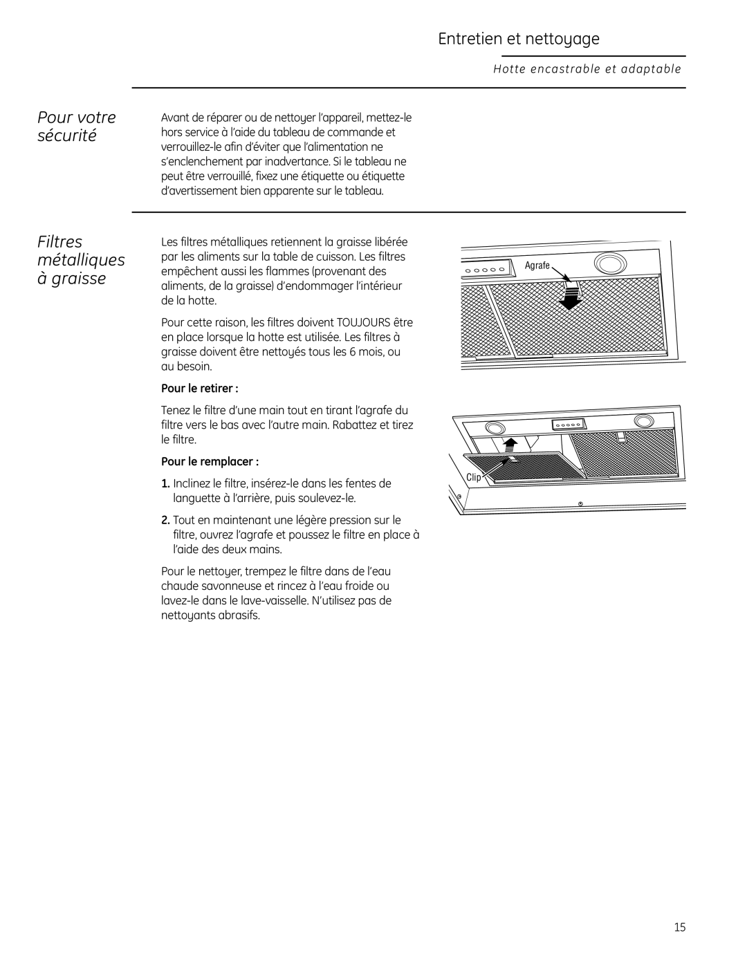 GE 49-80565 Pour votre sécurité, Entretien et nettoyage, Filtres métalliques à graisse, Pour le retirer, Pour le remplacer 