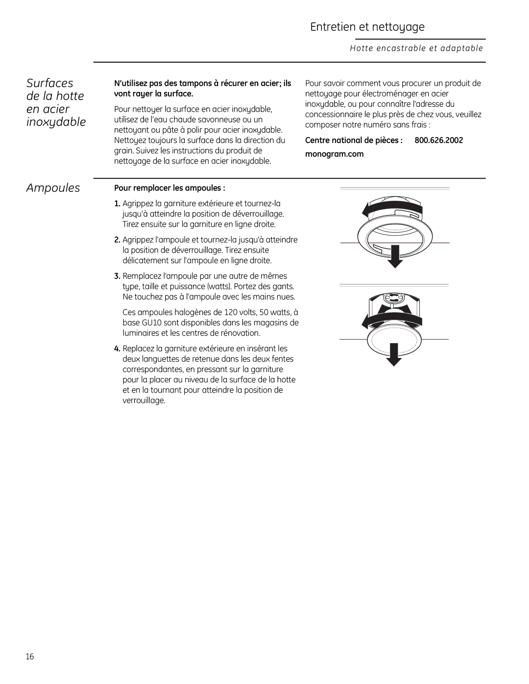 GE ZVC48LSS, 49-80565 Ampoules, Surfaces de la hotte en acier inoxydable, Centre national de pièces Monogram.com 
