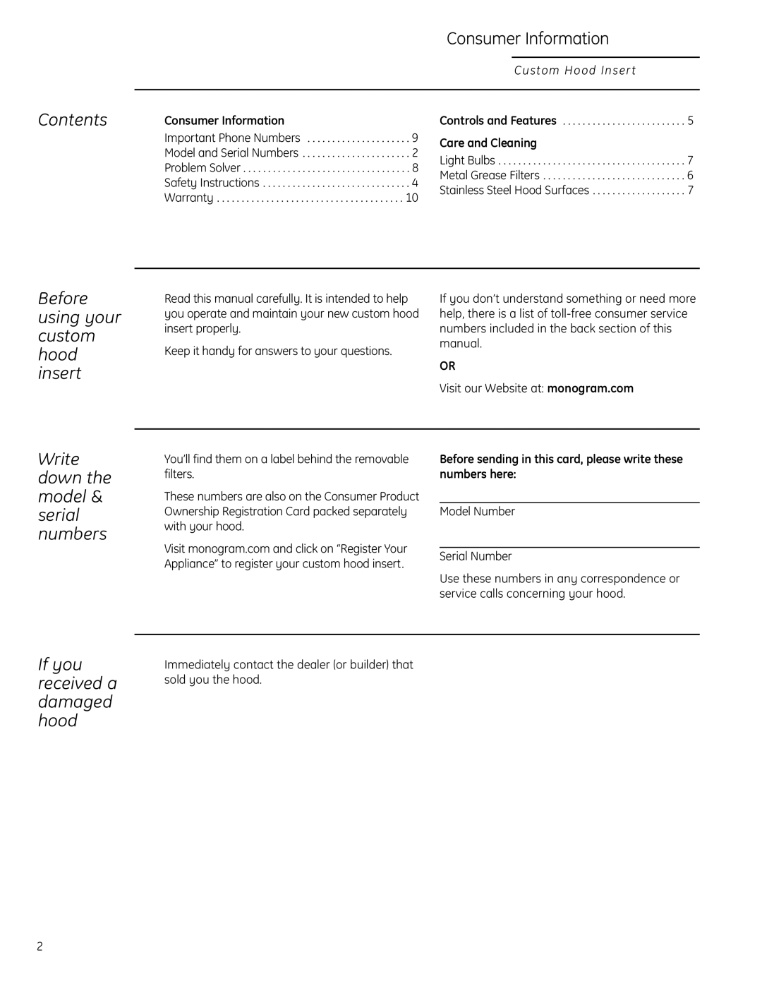 GE ZVC48LSS Contents Consumer Information, Before using your custom hood insert, Write down the model & serial numbers 