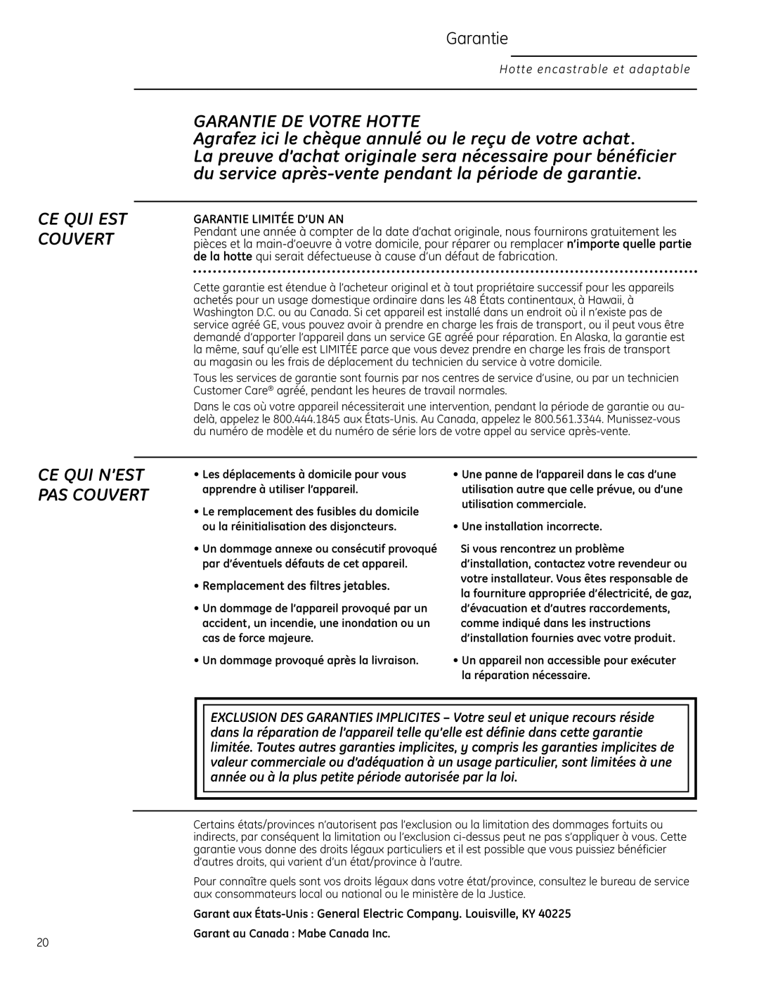 GE ZVC48LSS Garantie Limitée D’UN AN, Remplacement des filtres jetables, Un dommage provoqué après la livraison 