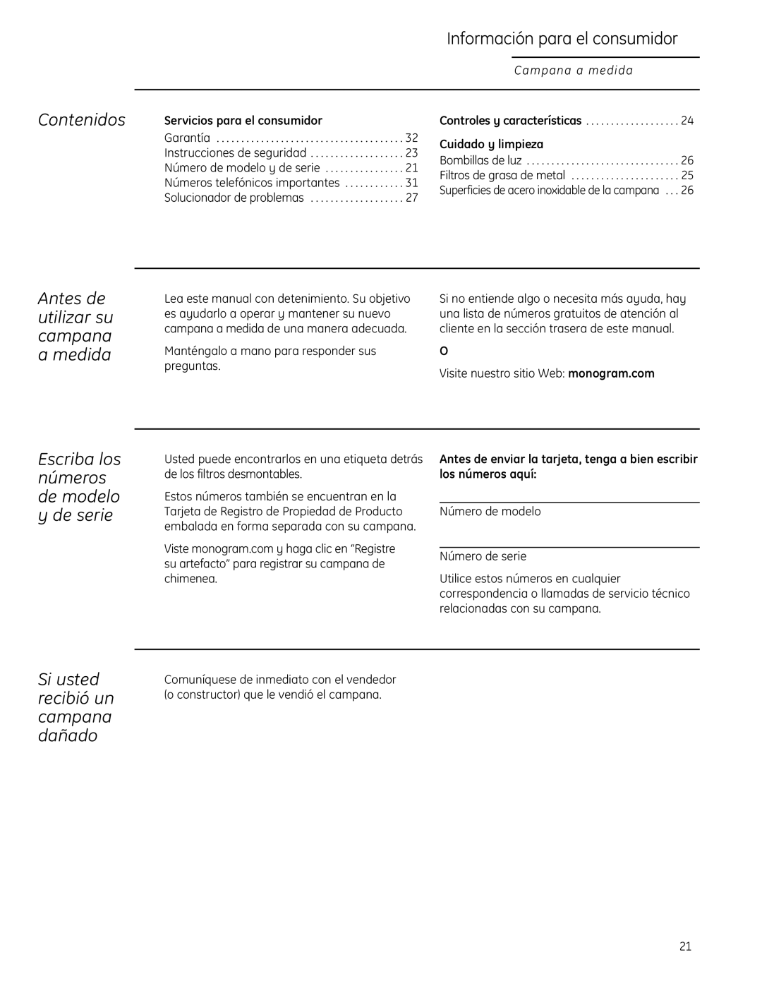 GE 49-80565, ZVC48LSS owner manual Contenidos, Información para el consumidor, Antes de utilizar su campana a medida 