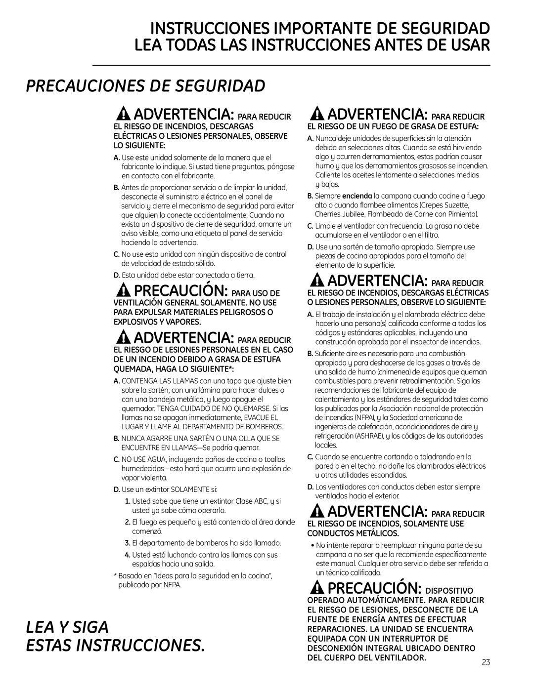 GE 49-80565 EL Riesgo DE INCENDIOS, Descargas, LO Siguiente, Ventilación General SOLAMENTE. no USE, Explosivos Y Vapores 