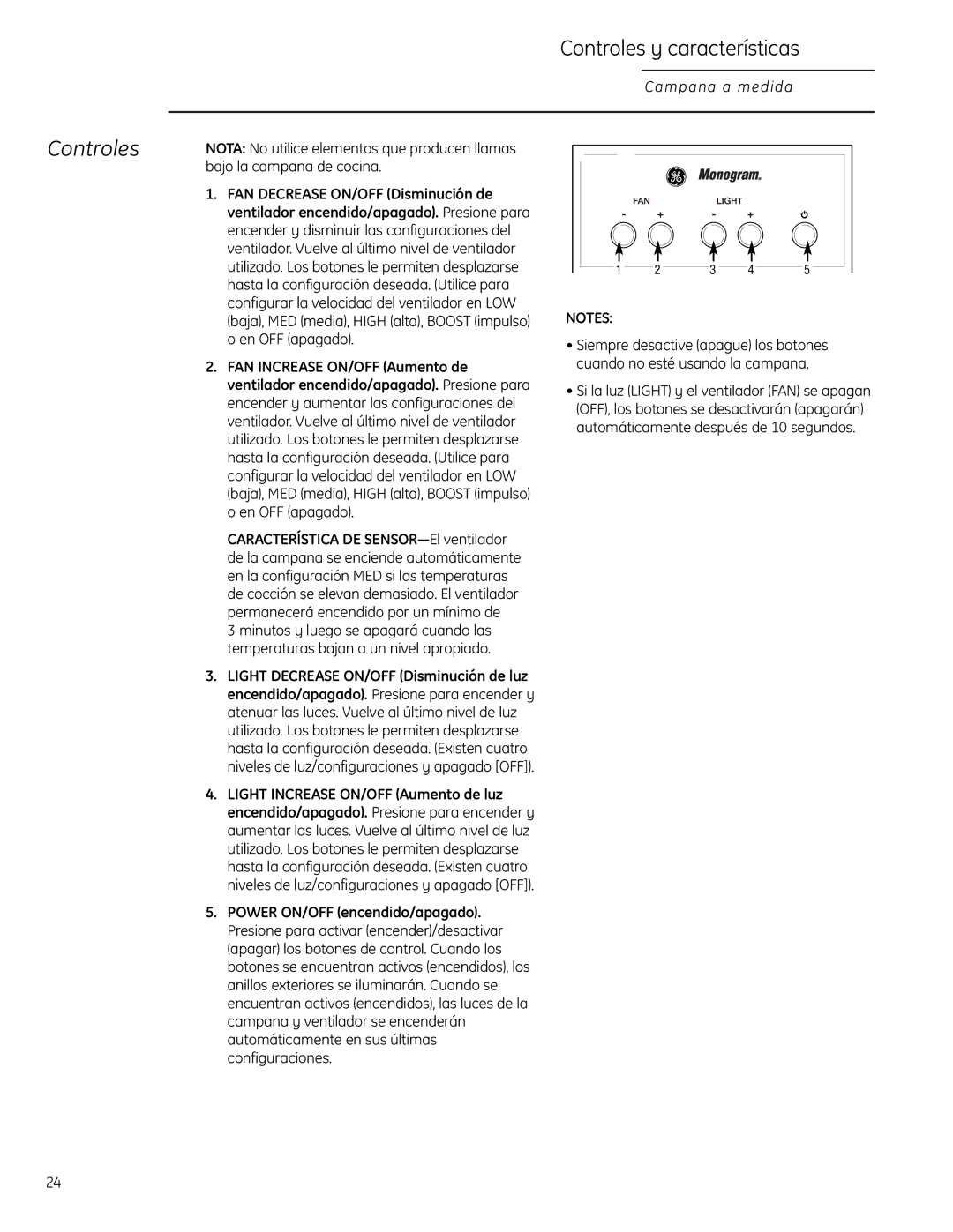 GE ZVC48LSS, 49-80565 owner manual Controles y características 