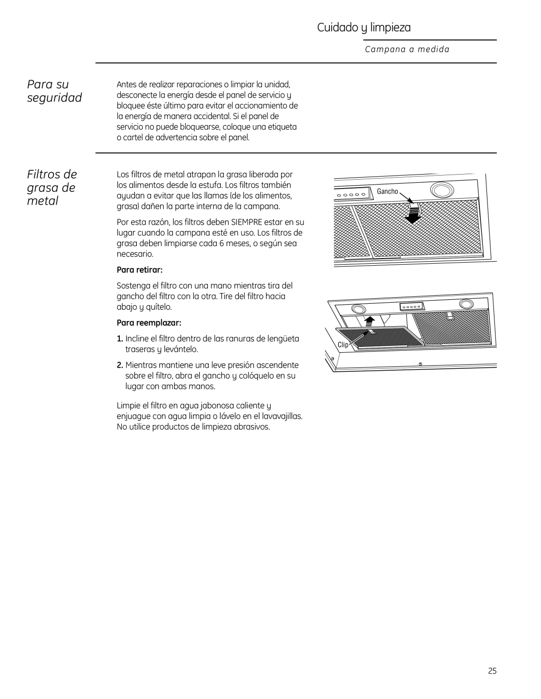 GE 49-80565, ZVC48LSS Para su seguridad, Cuidado y limpieza, Filtros de grasa de metal, Para retirar, Para reemplazar 