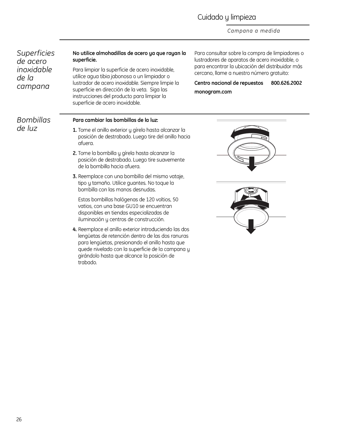 GE ZVC48LSS Superficies de acero inoxidable de la campana, Bombillas de luz, Centro nacional de repuestos Monogram.com 