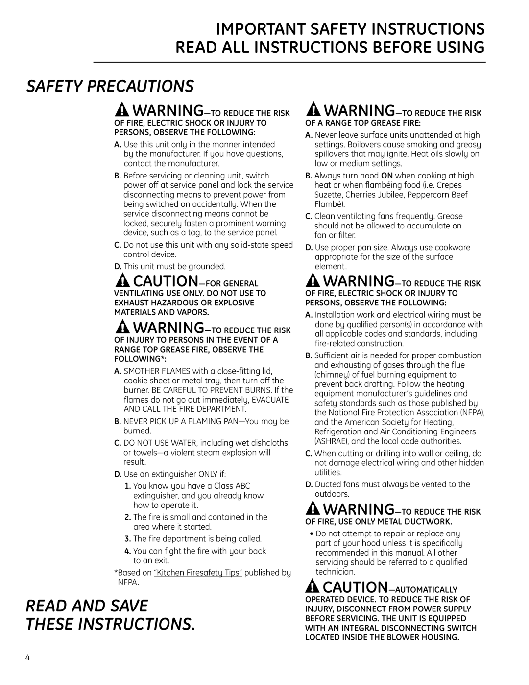 GE ZVC48LSS, 49-80565 owner manual Safety Precautions 