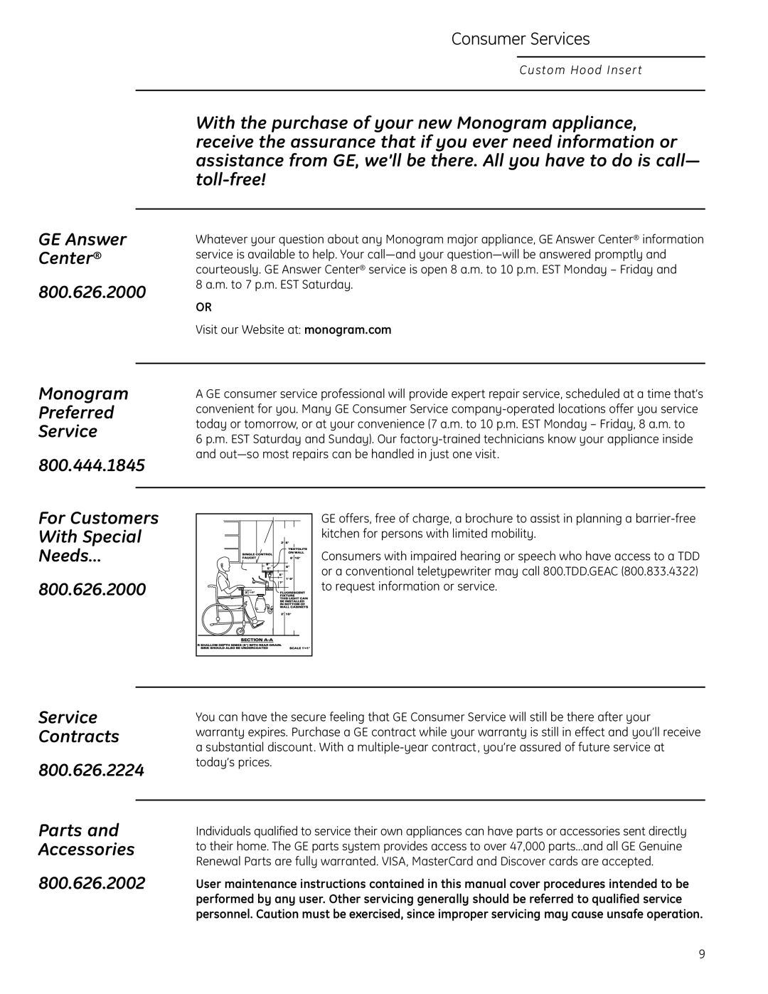 GE 49-80565, ZVC48LSS owner manual Consumer Services, Monogram Preferred Service 800.444.1845 