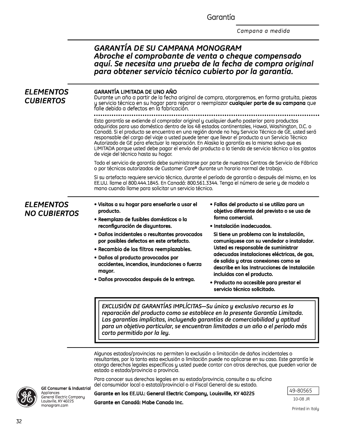 GE ZVC48LSS Garantía De Su Campana Monogram, Elementos Cubiertos, Elementos No Cubiertos, Garantía Limitada De Uno Año 