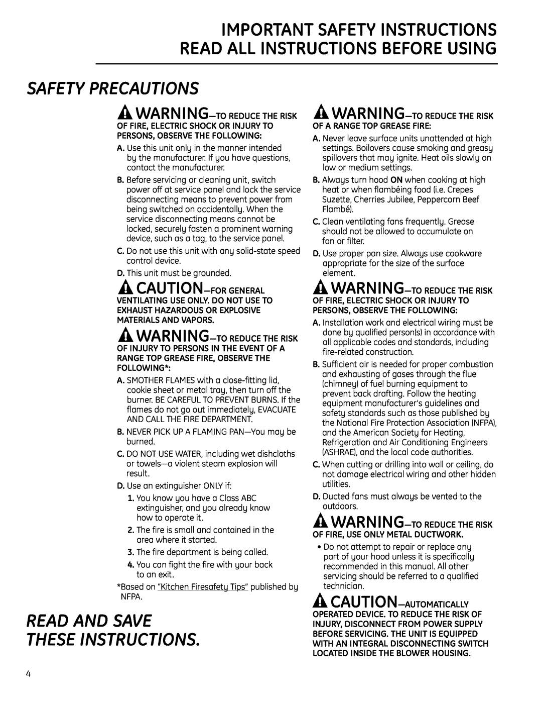 GE ZVC48LSS Safety Precautions, Read And Save These Instructions, Caution-For General Ventilating Use Only. Do Not Use To 
