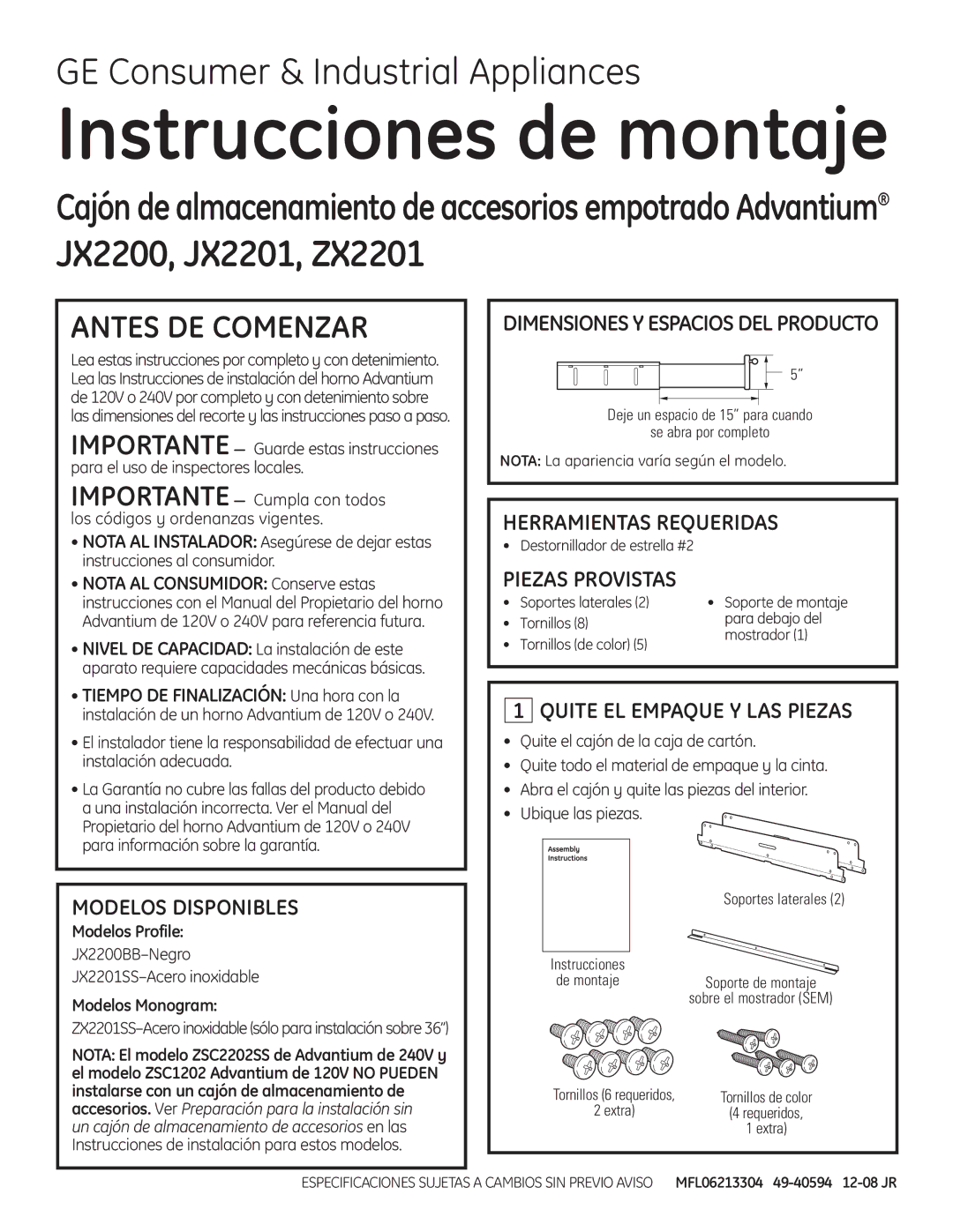 GE JX2200 Antes DE Comenzar, Modelos Disponibles, Herramientas Requeridas, Piezas Provistas, Quite EL Empaque Y LAS Piezas 