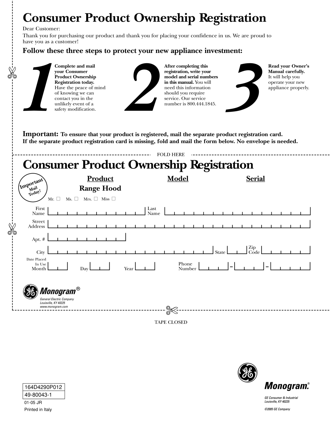 GE ZX859C, ZX8510C, ZX758C, ZX7510C, ZX858C, ZV750 owner manual Consumer Product Ownership Registration 