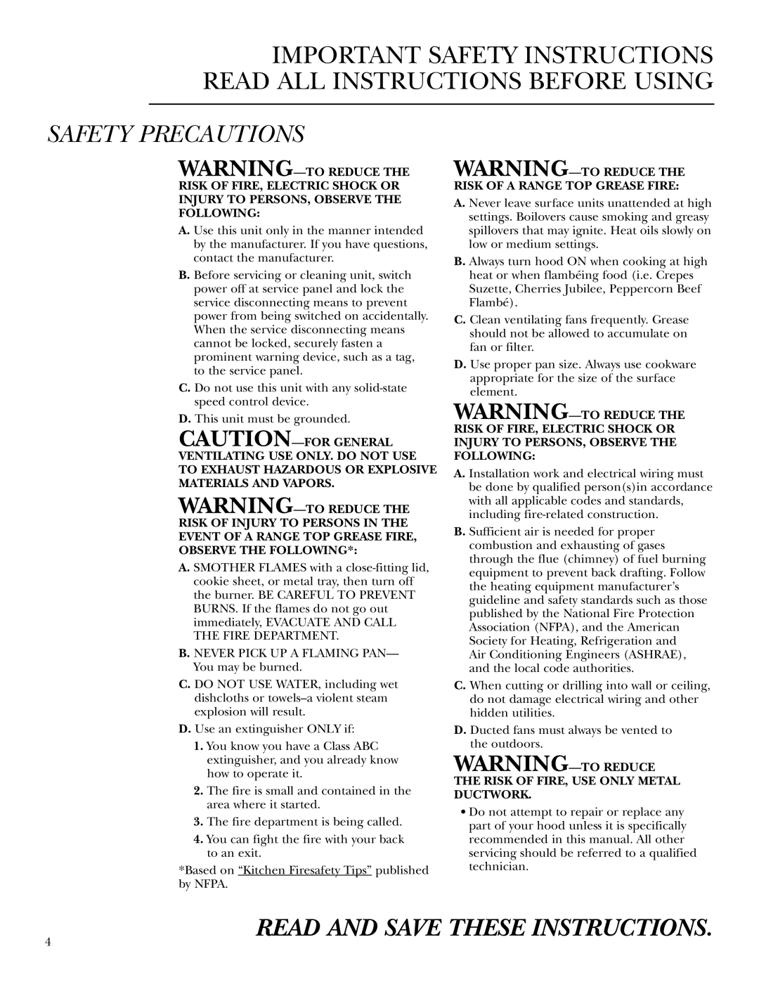 GE ZX858C, ZX859C, ZX8510C, ZX758C, ZX7510C, ZV750 owner manual Read and Save These Instructions 