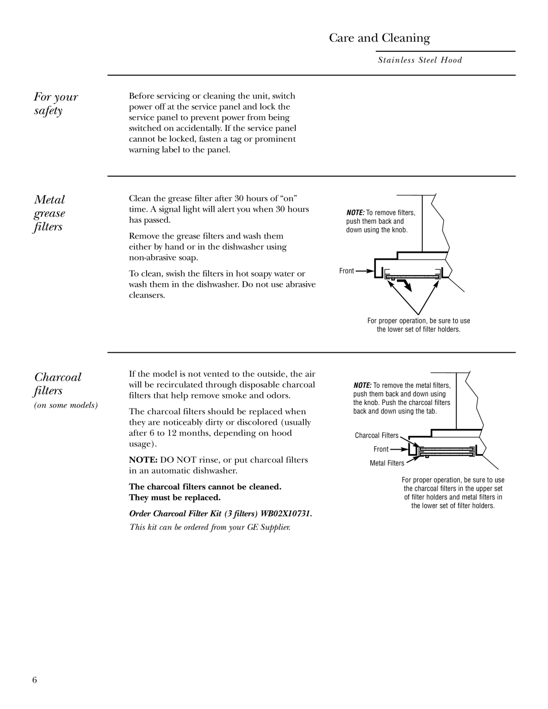 GE ZX859C, ZX8510C, ZX758C, ZX7510C, ZX858C, ZV750 owner manual For your safety, Metal grease filters, Charcoal filters 