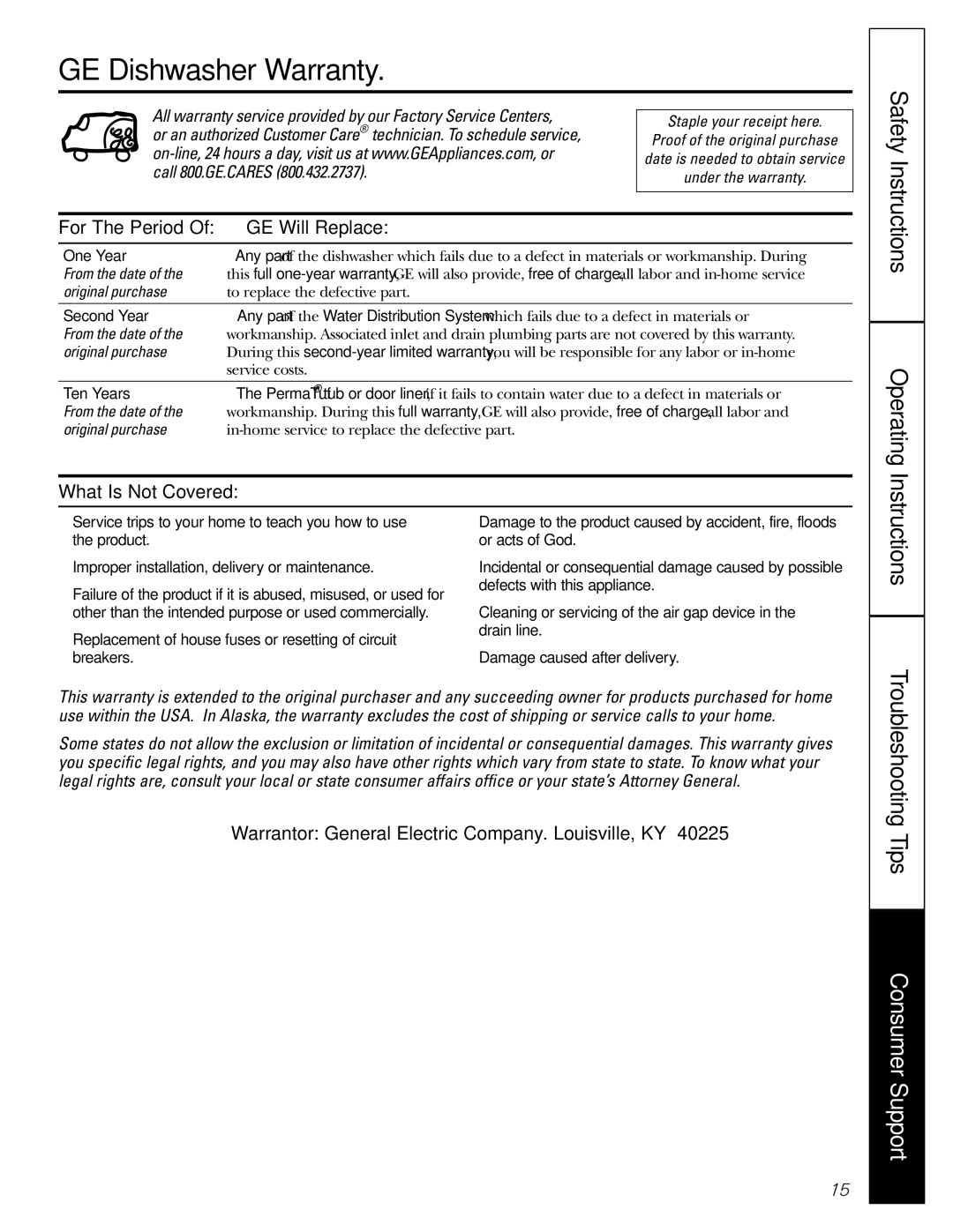 GE owner manual GE Dishwasher Warranty, For The Period GE Will Replace, What Is Not Covered 