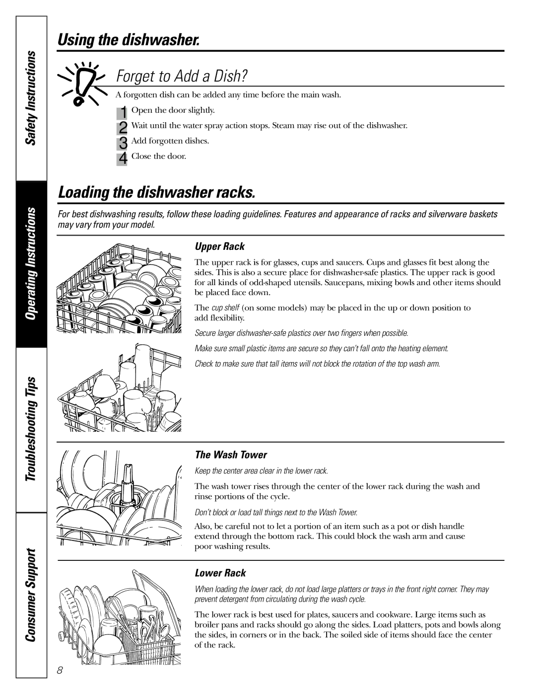 GE owner manual Forget to Add a Dish?, Loading the dishwasher racks, Upper Rack, Wash Tower, Lower Rack 