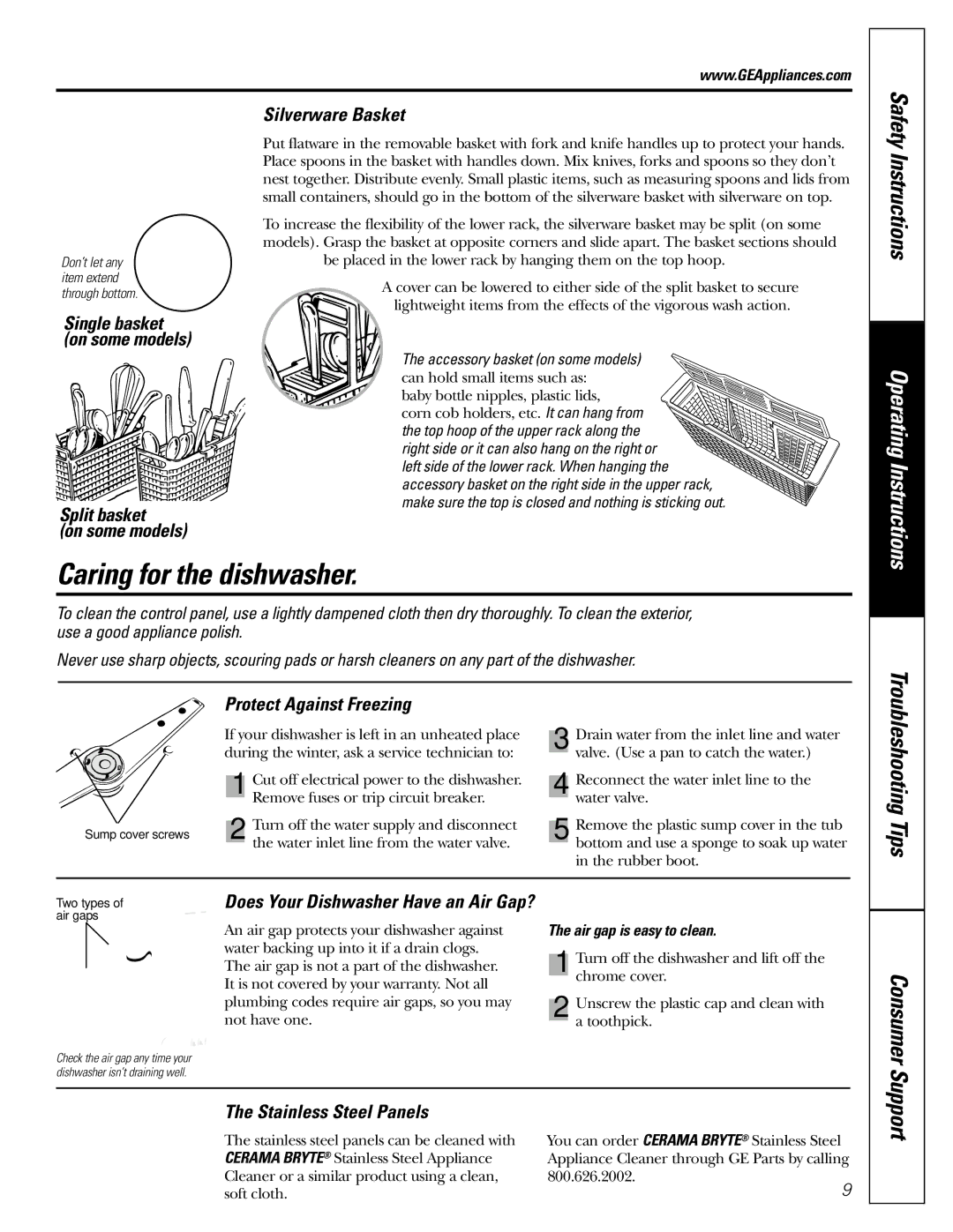 GE owner manual Caring for the dishwasher, Split basket On some models Silverware Basket, Protect Against Freezing 