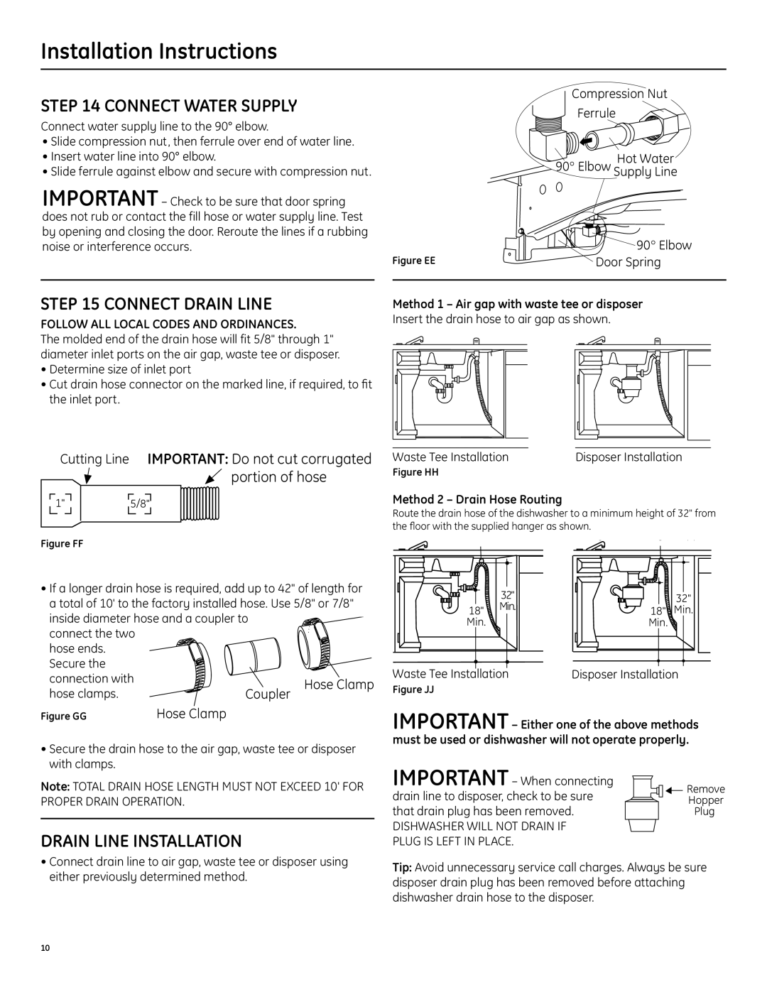 GE manual Connect Water Supply, Connect Drain Line, Drain Line Installation 