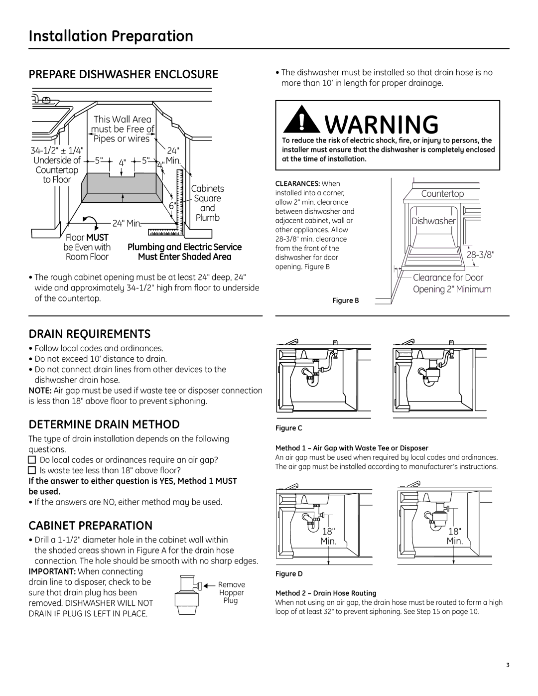 GE manual Prepare Dishwasher Enclosure, Drain Requirements, Determine Drain Method, Cabinet Preparation 