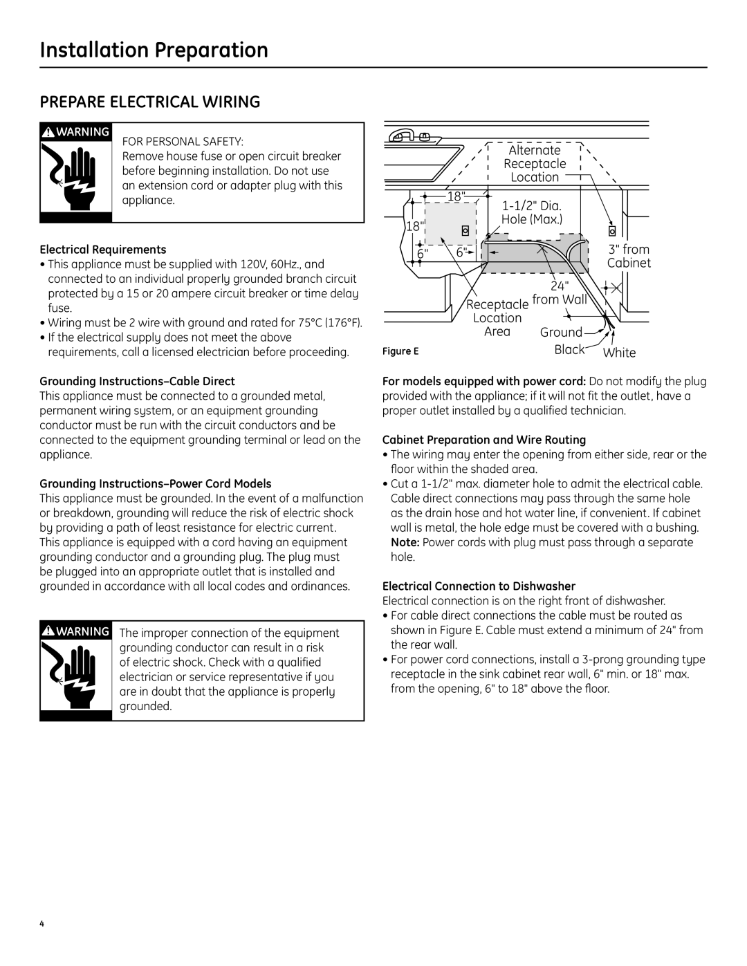 GE manual Prepare Electrical Wiring, Electrical Requirements, Grounding Instructions-Cable Direct 