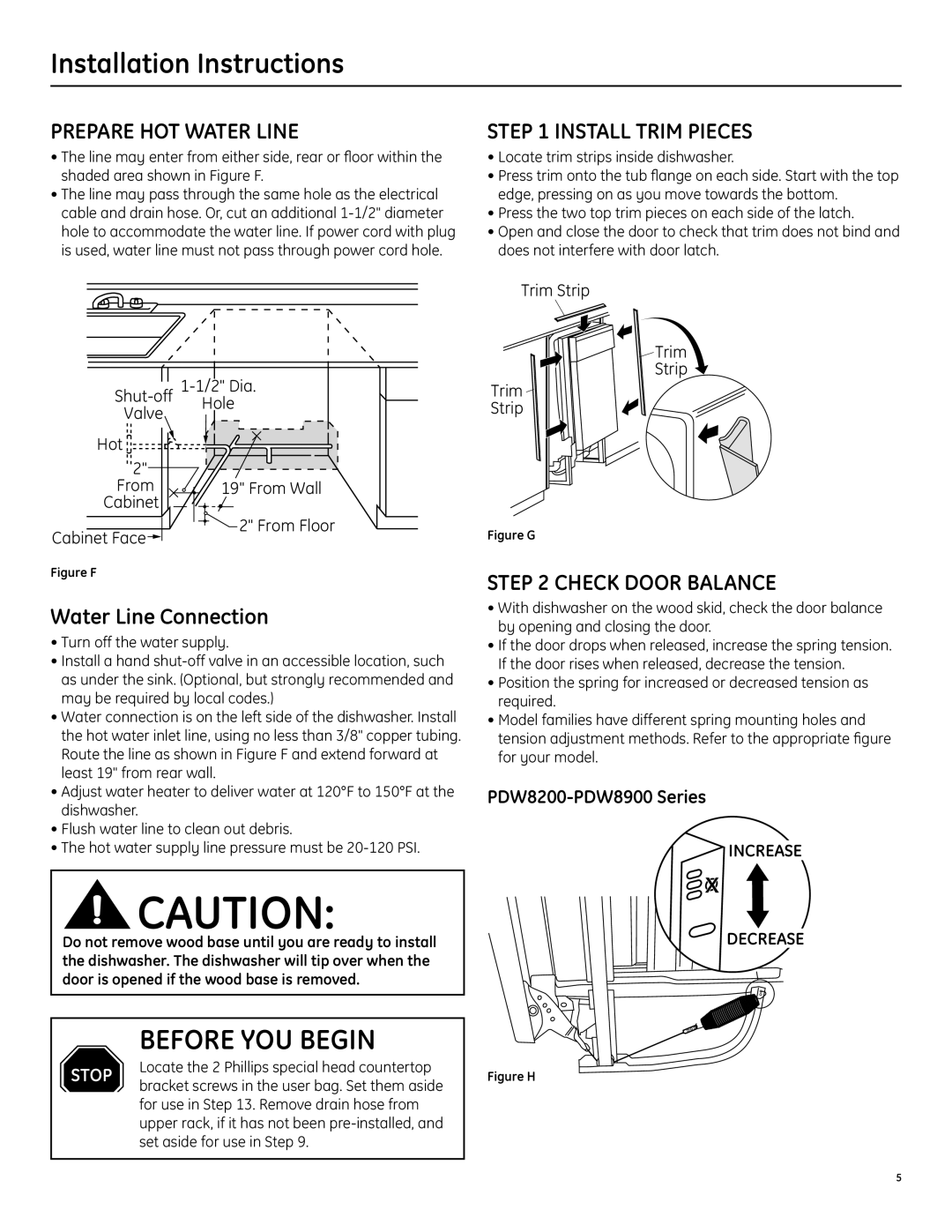 GE manual Prepare HOT Water Line, Install Trim Pieces, Check Door Balance 