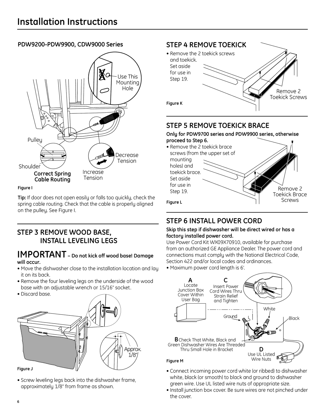 GE manual Remove Wood Base Install Leveling Legs, Remove Toekick Brace, Install Power Cord 