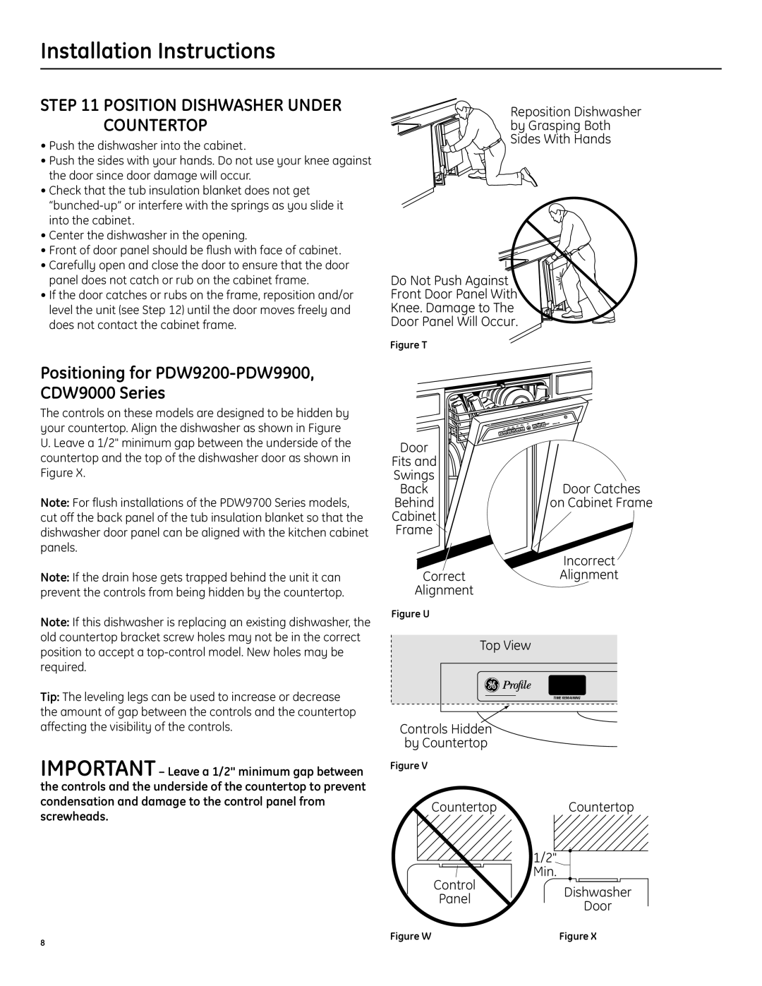 GE manual Position Dishwasher Under Countertop, Positioning for PDW9200-PDW9900, CDW9000 Series 