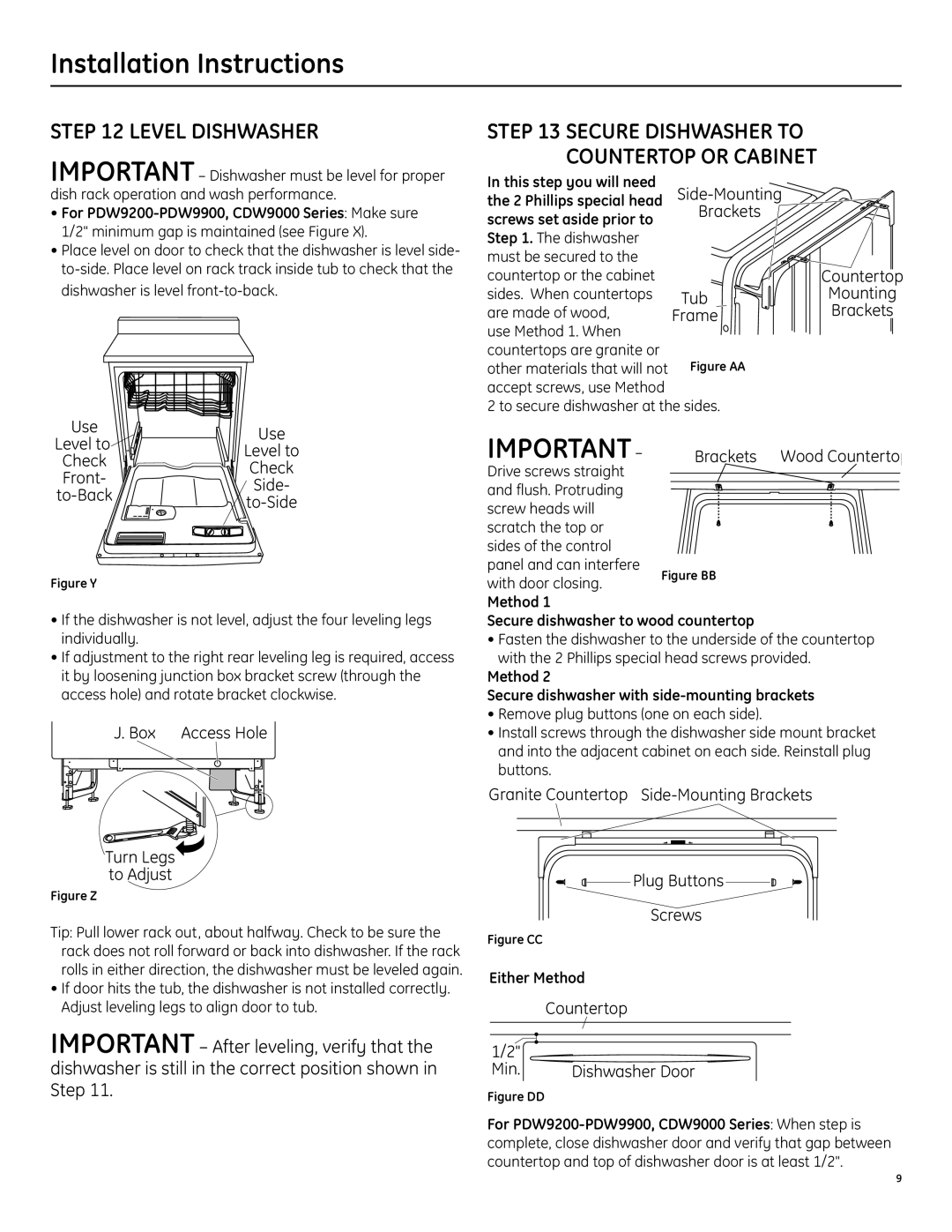 GE Level Dishwasher, Method Secure dishwasher to wood countertop, Method Secure dishwasher with side-mounting brackets 