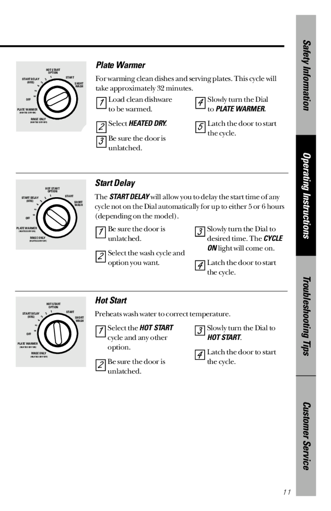 GE GHD3500 Series, GSD3400 Series, GSD3600 Series, GSD3700 Series, GSD3900 Series Plate Warmer, Start Delay, Hot Start 