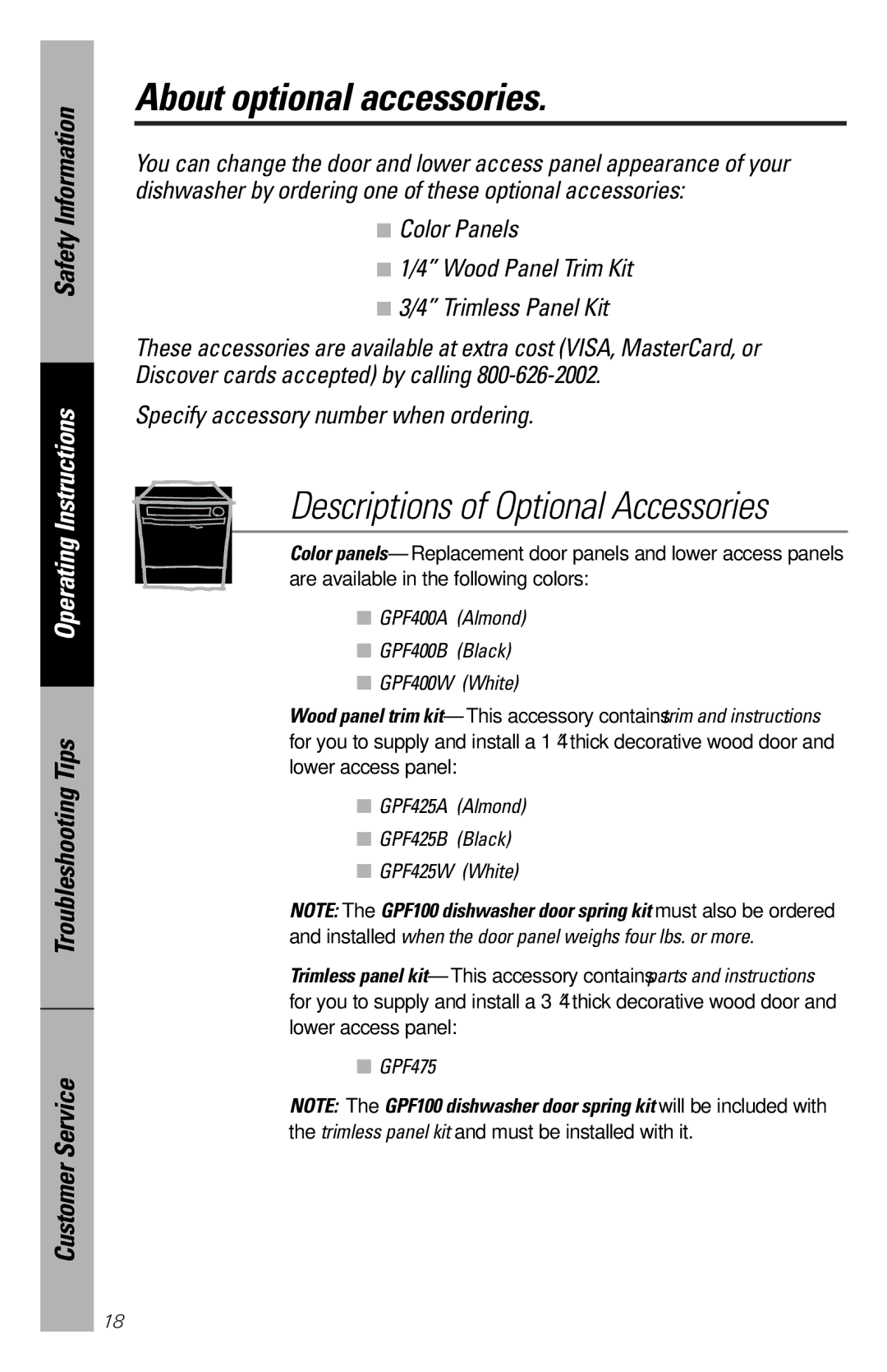 GE GHD3500 Series, GSD3400 Series, GSD3600 Series, GSD3700 Series, GSD3900 Series owner manual About optional accessories 