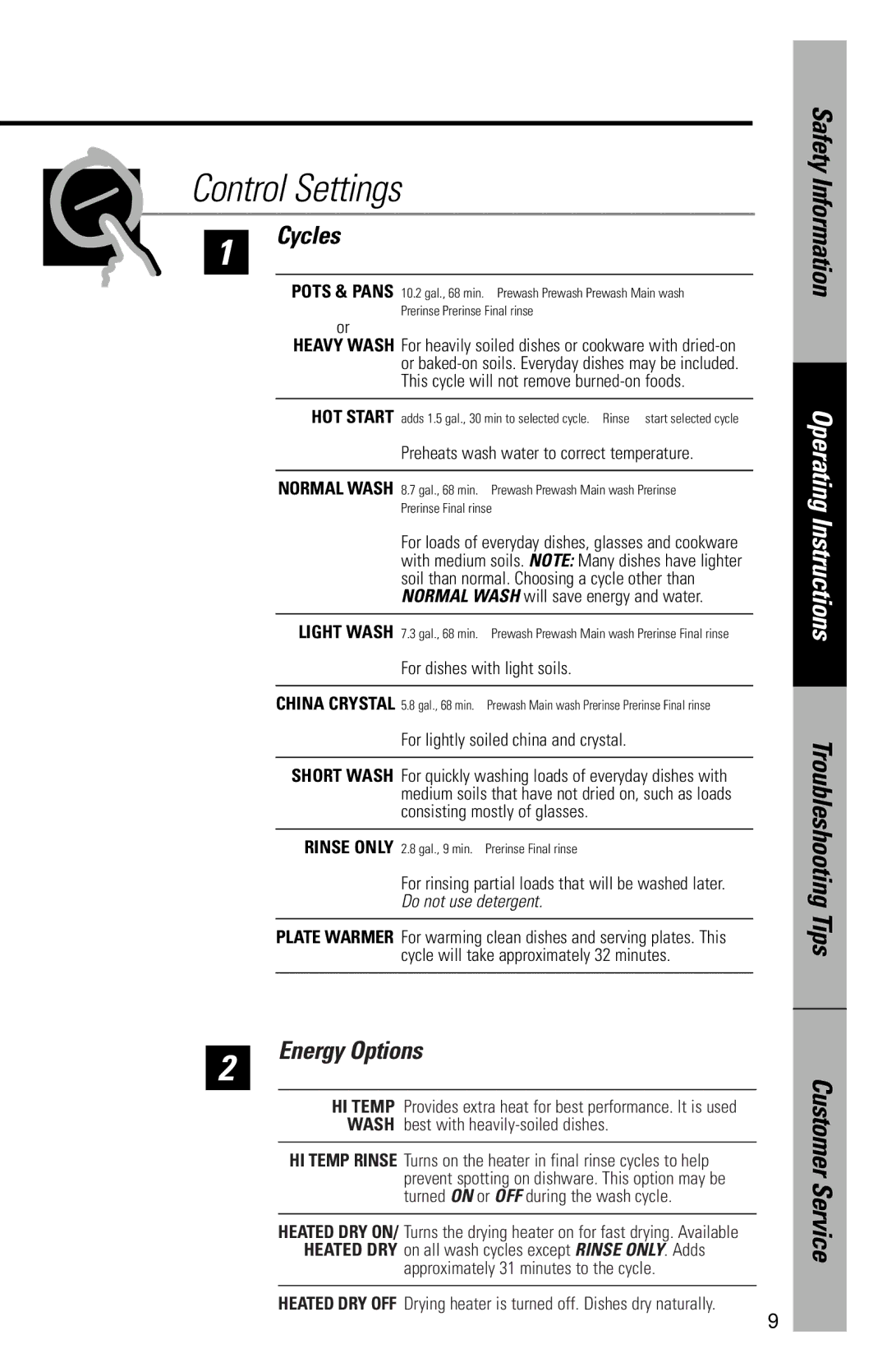 GE GHD3500 Series, GSD3400 Series, GSD3600 Series, GSD3700 Series, GSD3900 Series Control Settings, Energy Options 