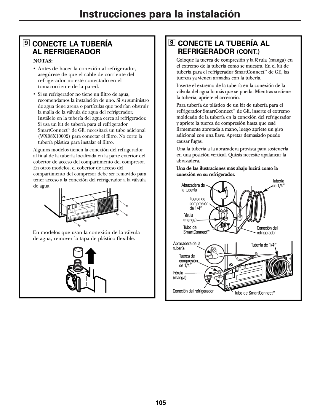 GE installation instructions Conecte La Tubería Al Refrigerador Cont, Instrucciones para la instalación, Notas 