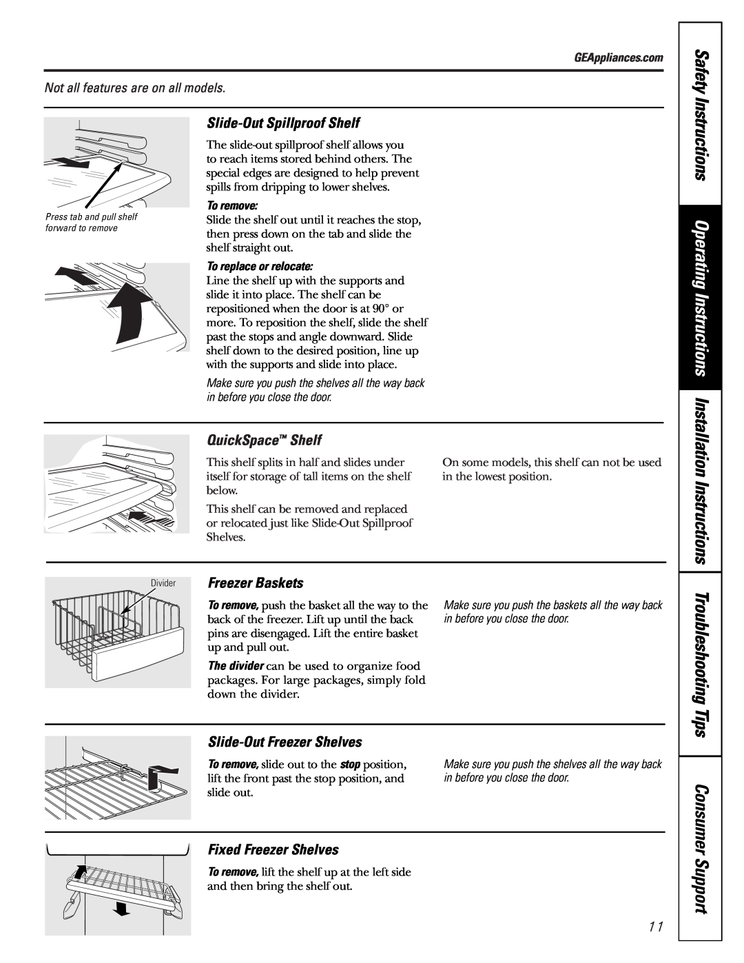 GE Safety, Instructions Operating Instructions, Slide-Out Spillproof Shelf, QuickSpace Shelf, Slide-Out Freezer Shelves 