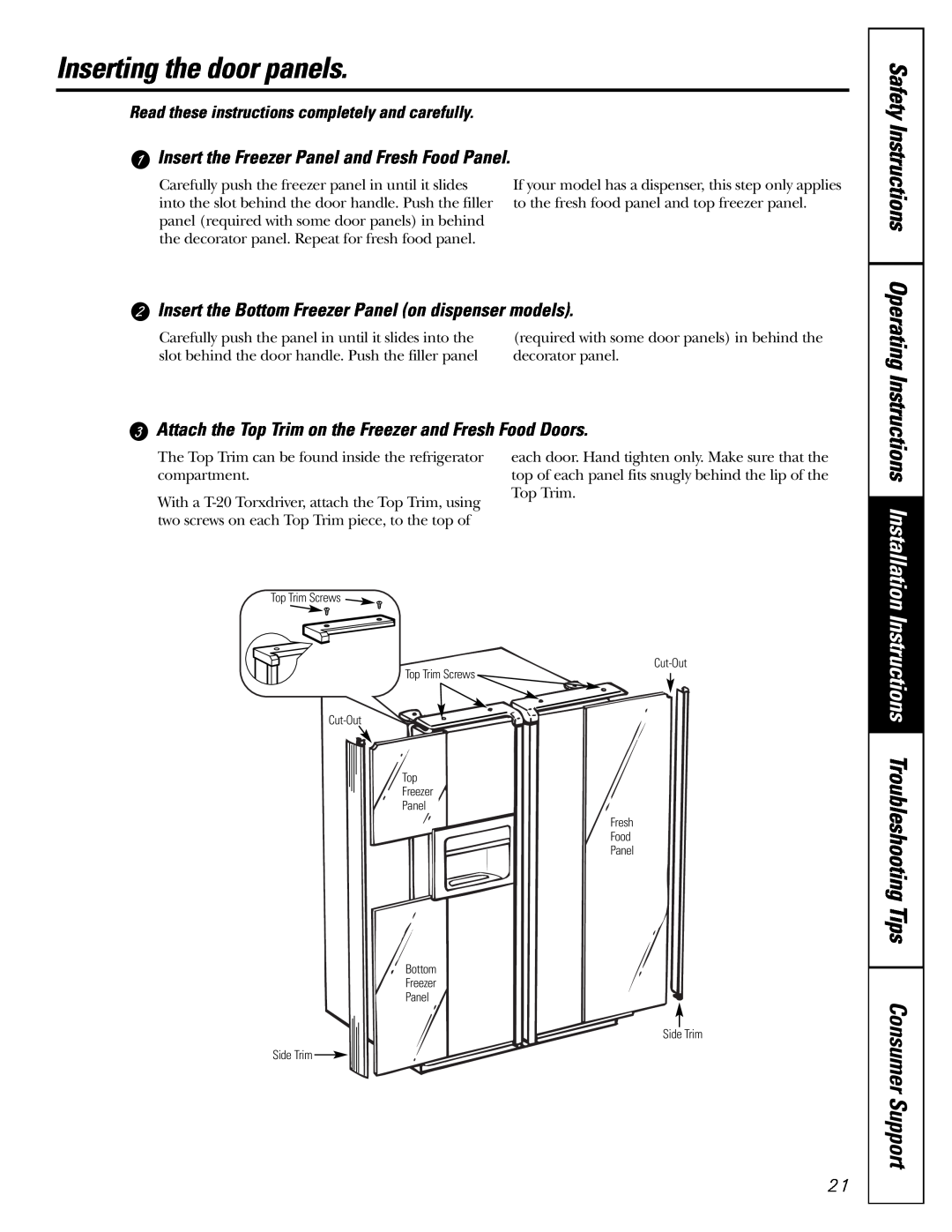 GE installation instructions Inserting the door panels, Insert the Freezer Panel and Fresh Food Panel 