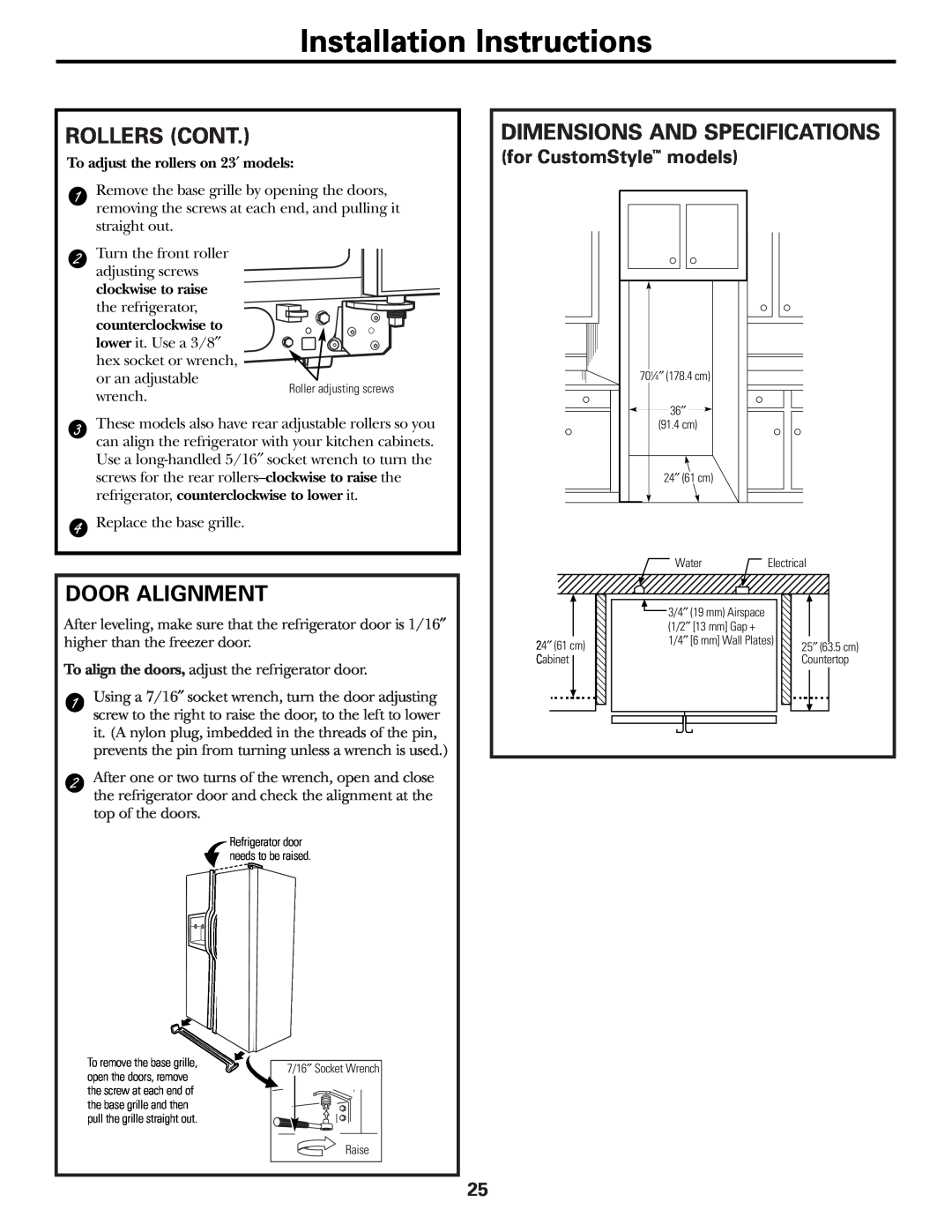 GE Installation Instructions, Rollers Cont, Dimensions And Specifications, Door Alignment, for CustomStyle models 