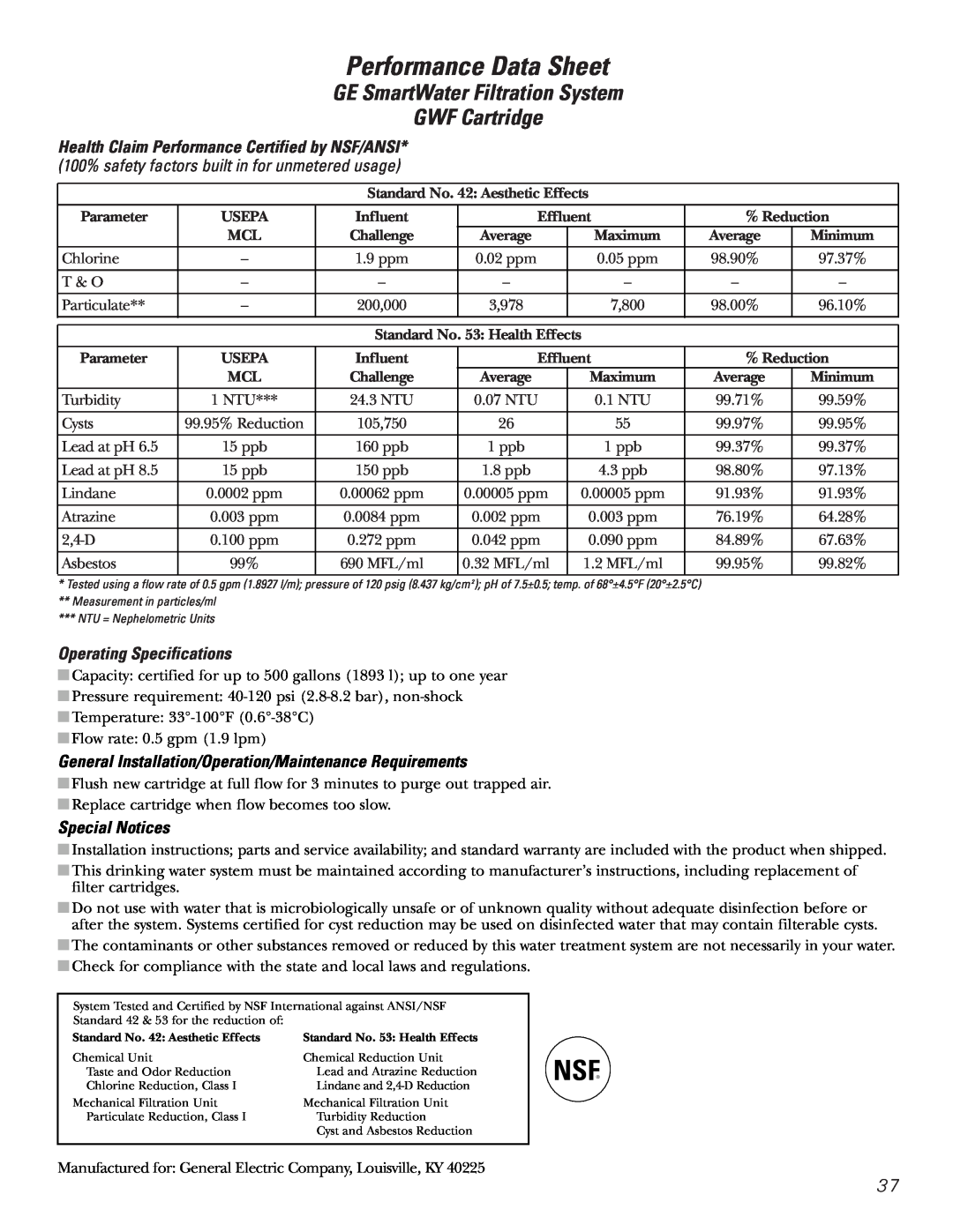 GE Performance Data Sheet, GE SmartWater Filtration System GWF Cartridge, Health Claim Performance Certified by NSF/ANSI 
