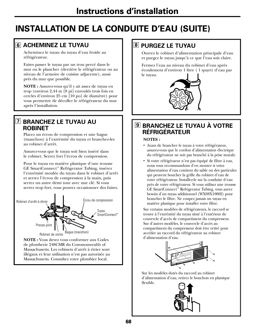 GE Instructions d’installation INSTALLATION DE LA CONDUITE D’EAU SUITE, Acheminez Le Tuyau, Purgez Le Tuyau 