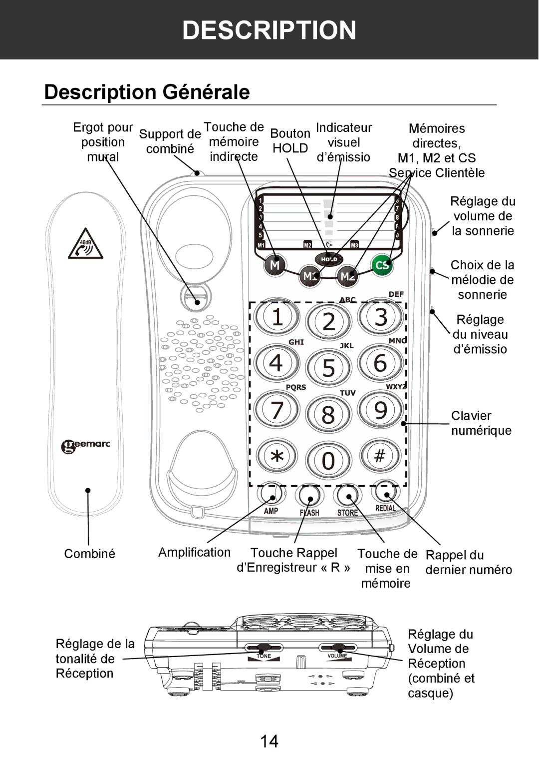 Geemarc 100VM manual Description Générale, Hold 