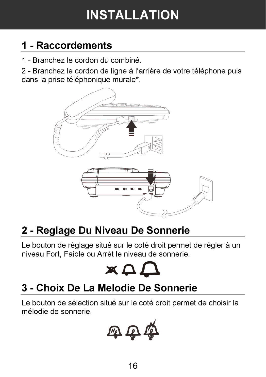 Geemarc 100VM manual Raccordements, Reglage Du Niveau De Sonnerie, Choix De La Melodie De Sonnerie 