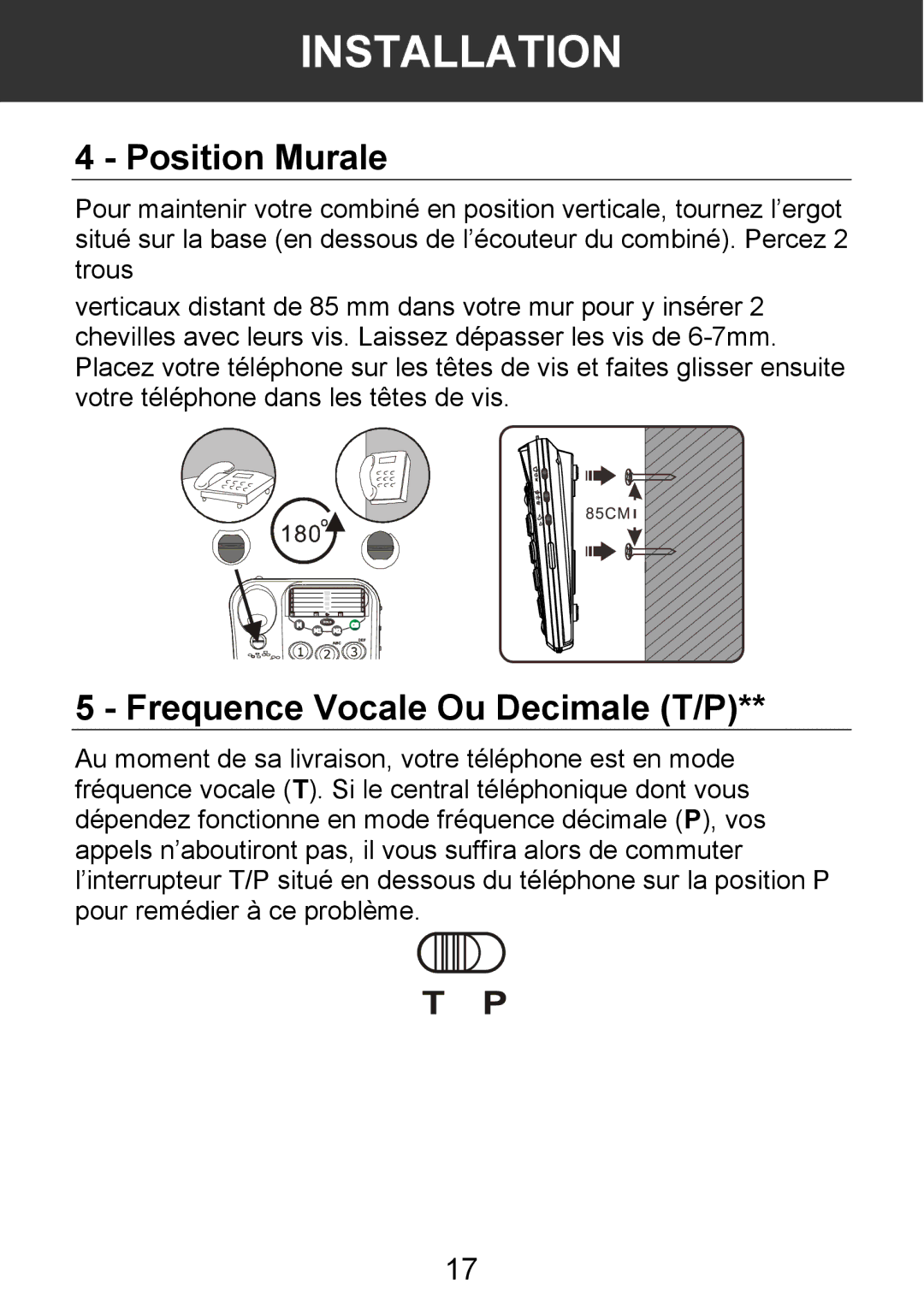 Geemarc 100VM manual Position Murale, Frequence Vocale Ou Decimale T/P 