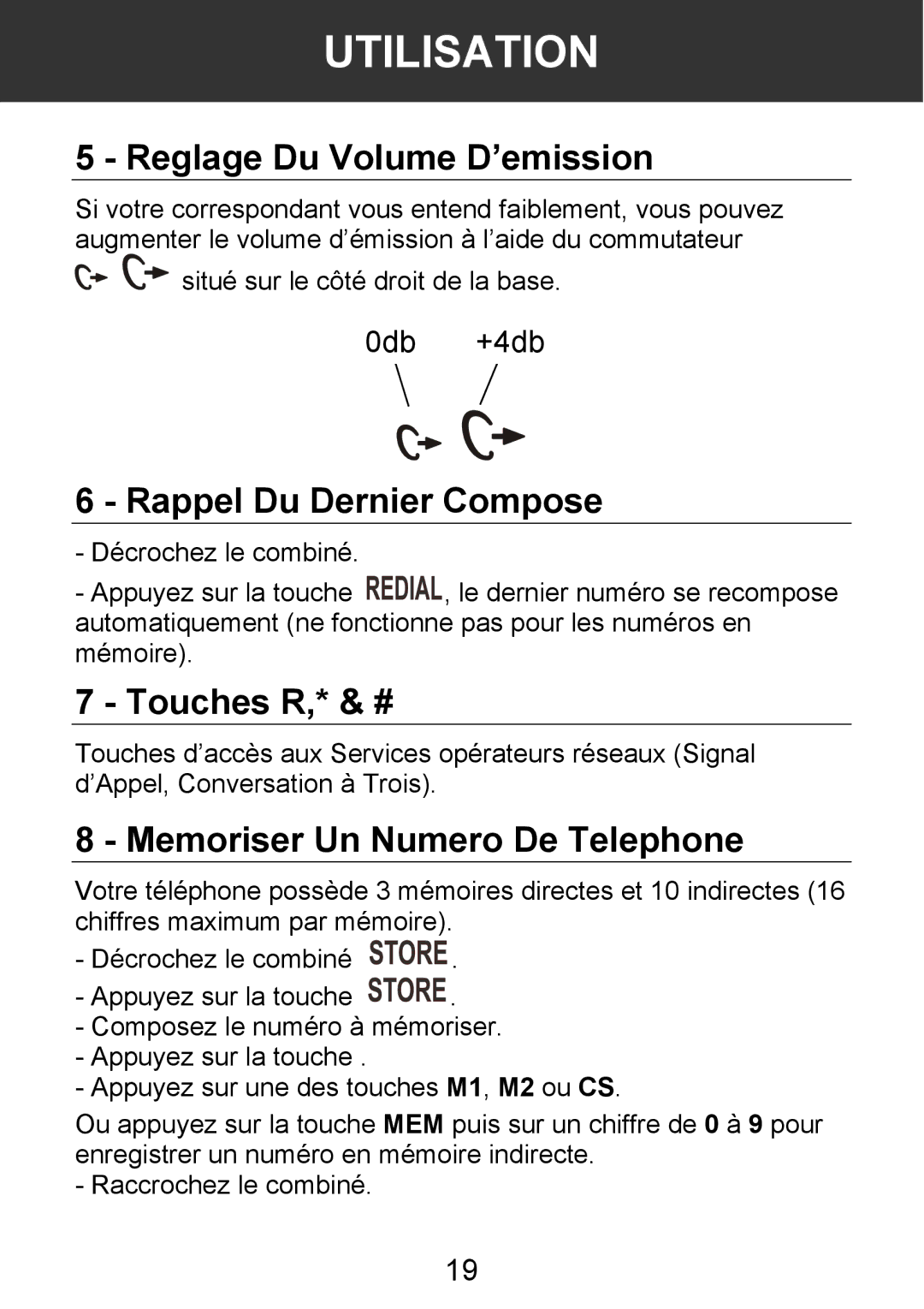 Geemarc 100VM Reglage Du Volume D’emission, Rappel Du Dernier Compose, Touches R,* & #, Memoriser Un Numero De Telephone 