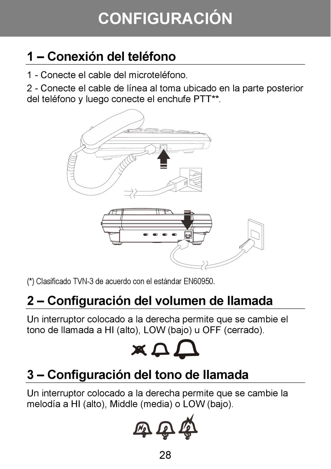 Geemarc 100VM manual Conexión del teléfono, Configuración del volumen de llamada, Configuración del tono de llamada 