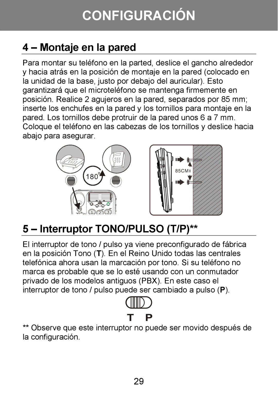 Geemarc 100VM manual Montaje en la pared, Interruptor TONO/PULSO T/P 