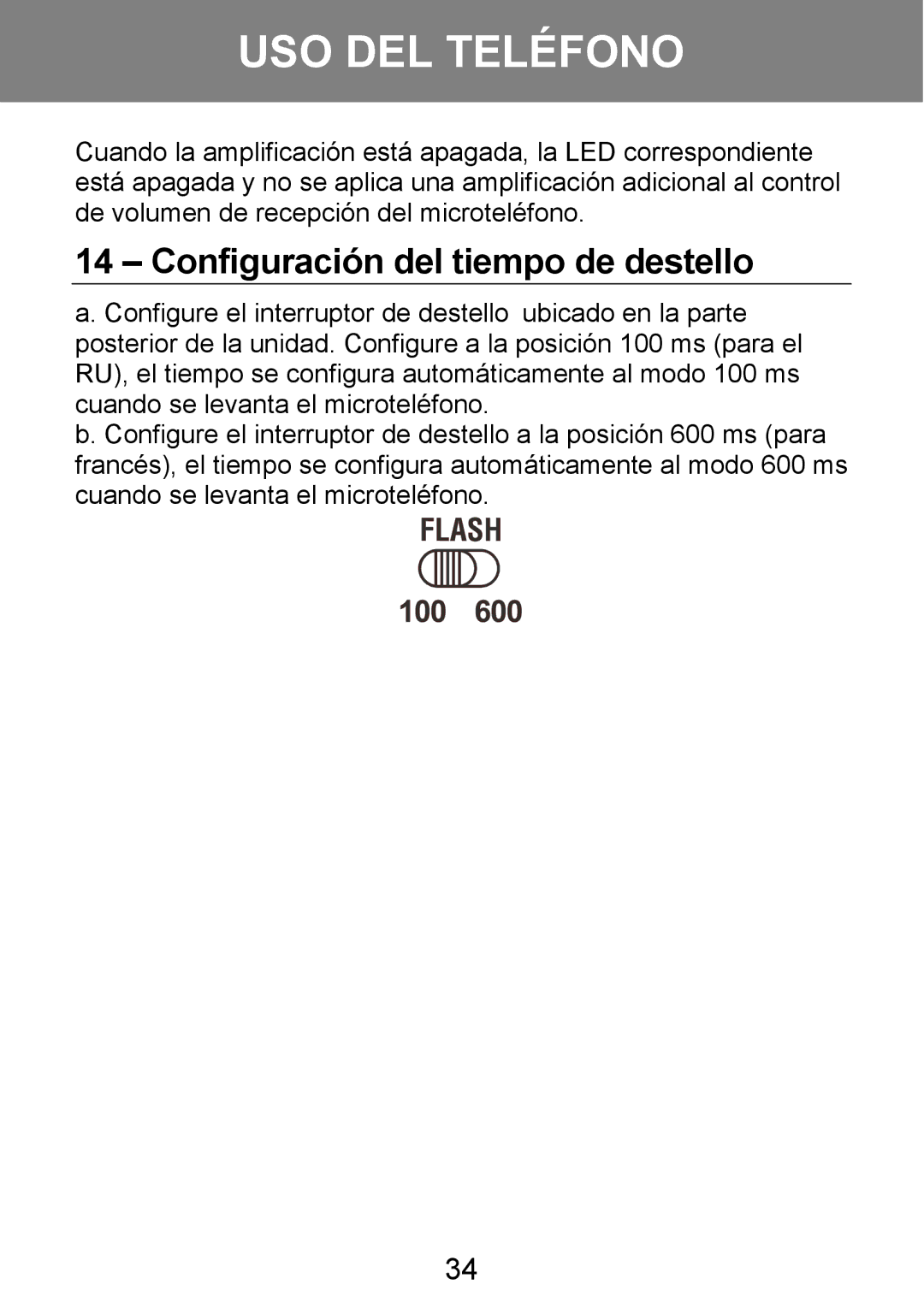 Geemarc 100VM manual Configuración del tiempo de destello 