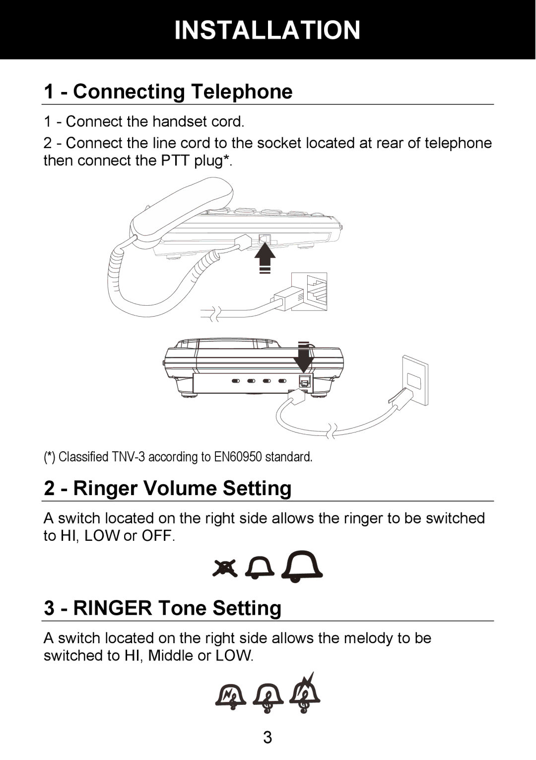 Geemarc 100VM manual Installation, Connecting Telephone, Ringer Volume Setting, Ringer Tone Setting 