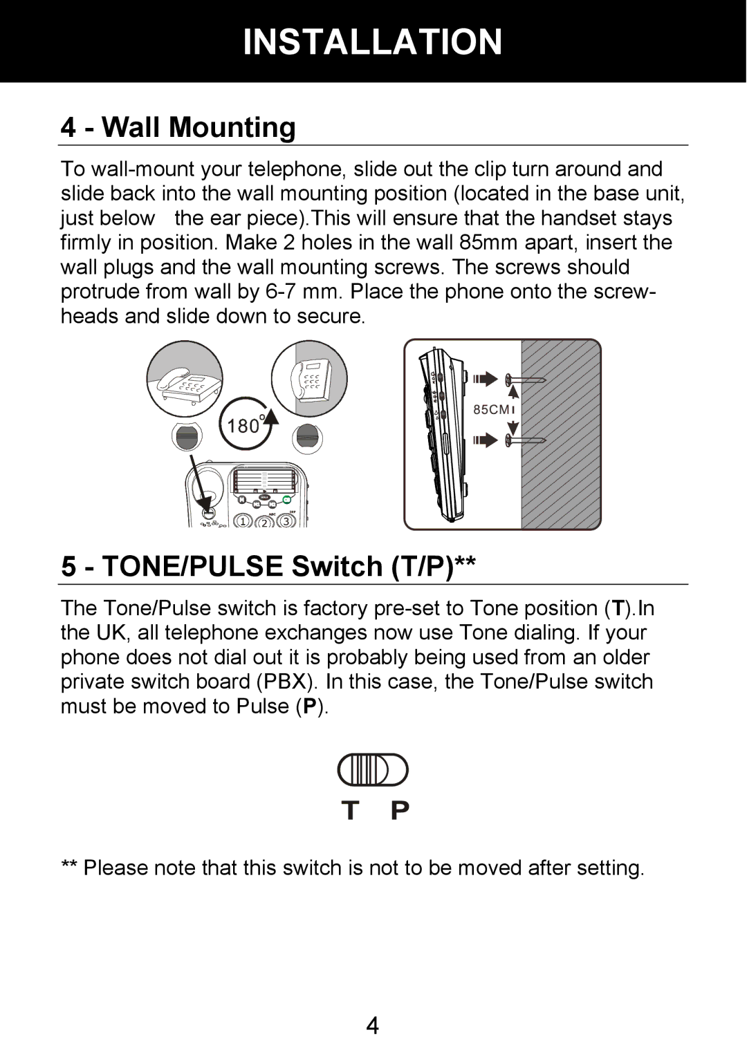 Geemarc 100VM manual Wall Mounting, TONE/PULSE Switch T/P 