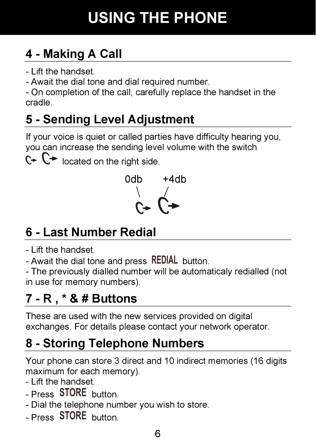 Geemarc 100VM manual Making a Call, Sending Level Adjustment, Last Number Redial, # Buttons, Storing Telephone Numbers 