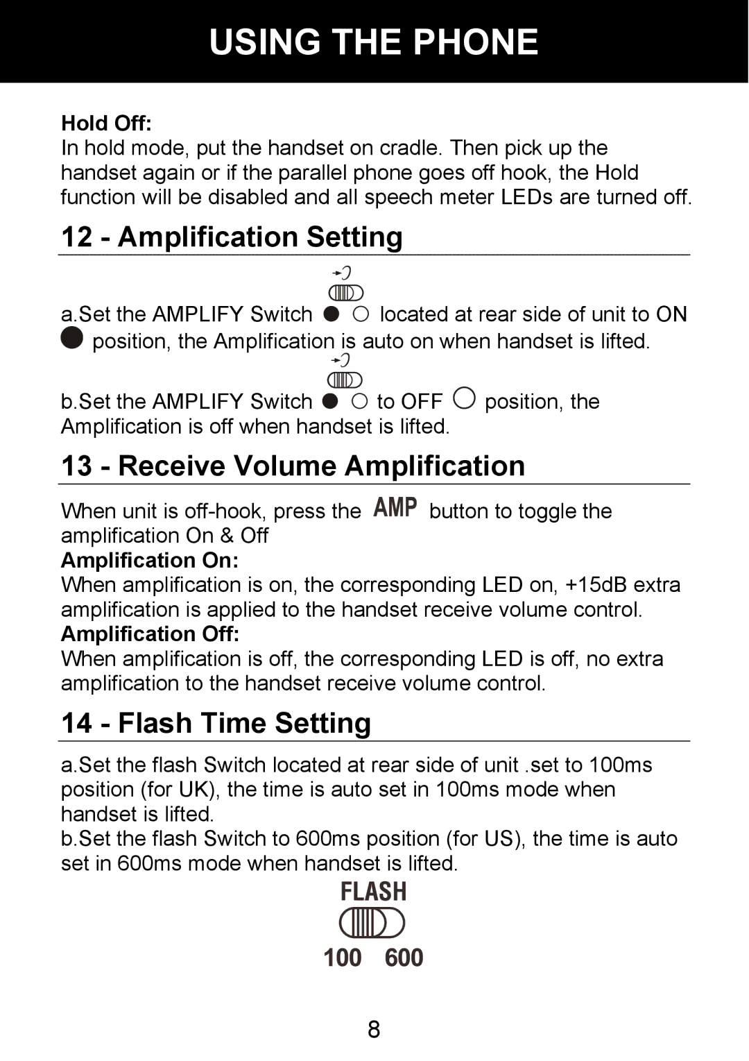 Geemarc 100VM manual Amplification Setting, Receive Volume Amplification, Flash Time Setting 