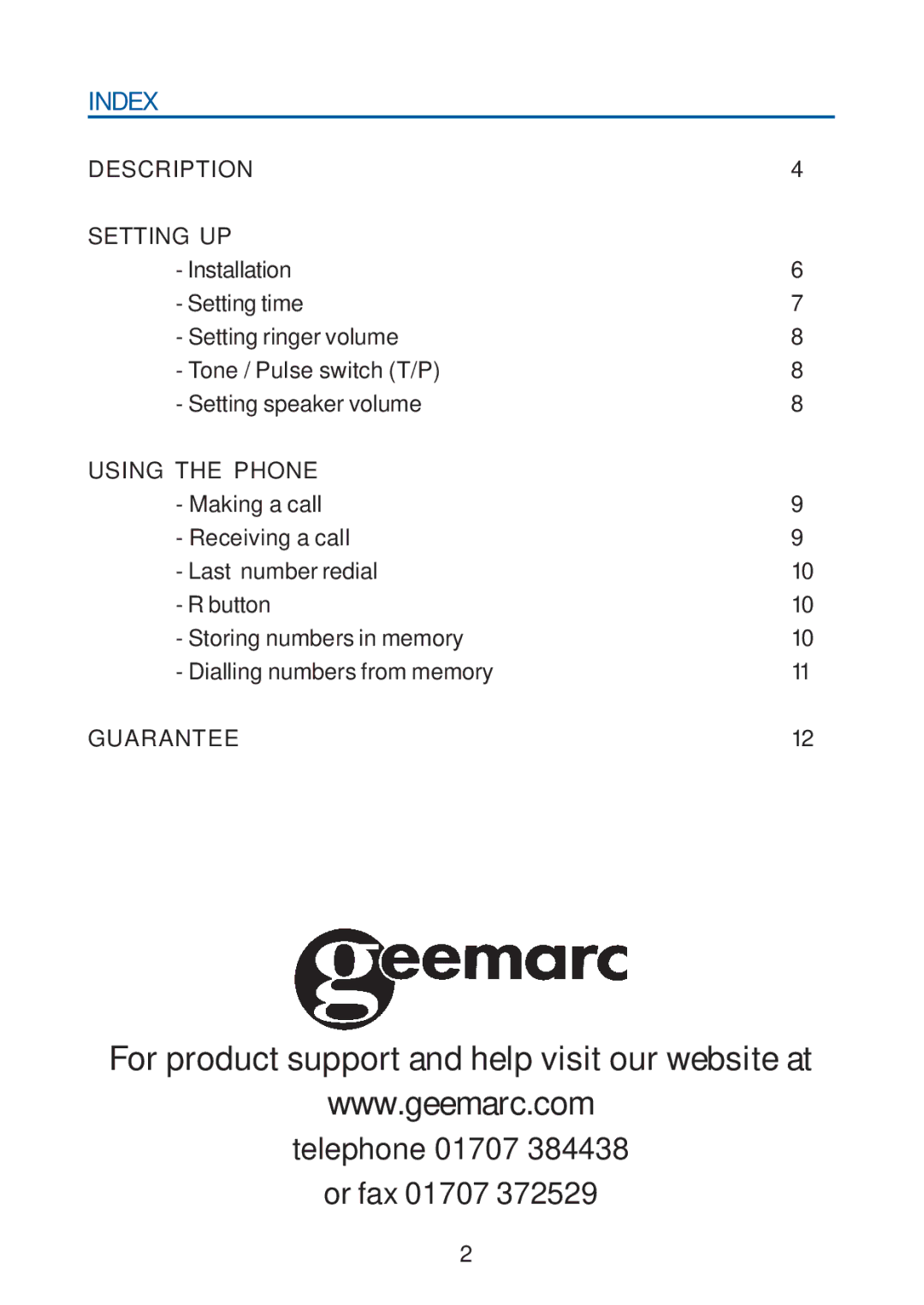 Geemarc 20 manual Index, Description Setting UP 