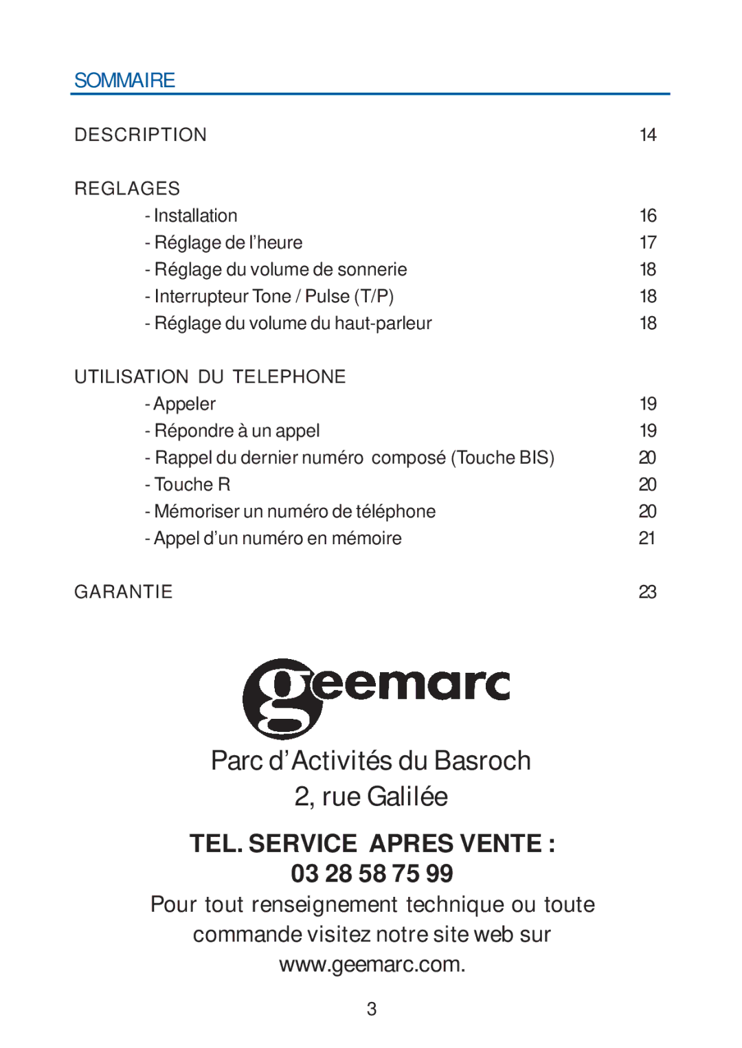 Geemarc 20 manual Sommaire, Description Reglages 